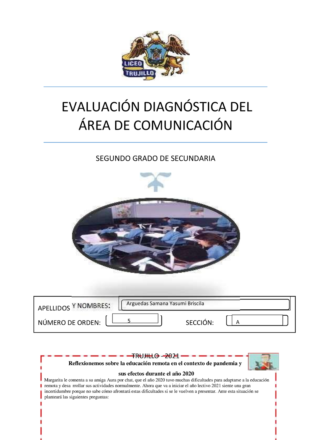 Evaluación Diagnóstica Segundo 16 AL 19 DE Marzo - EVALUACI”N DIAGN ...