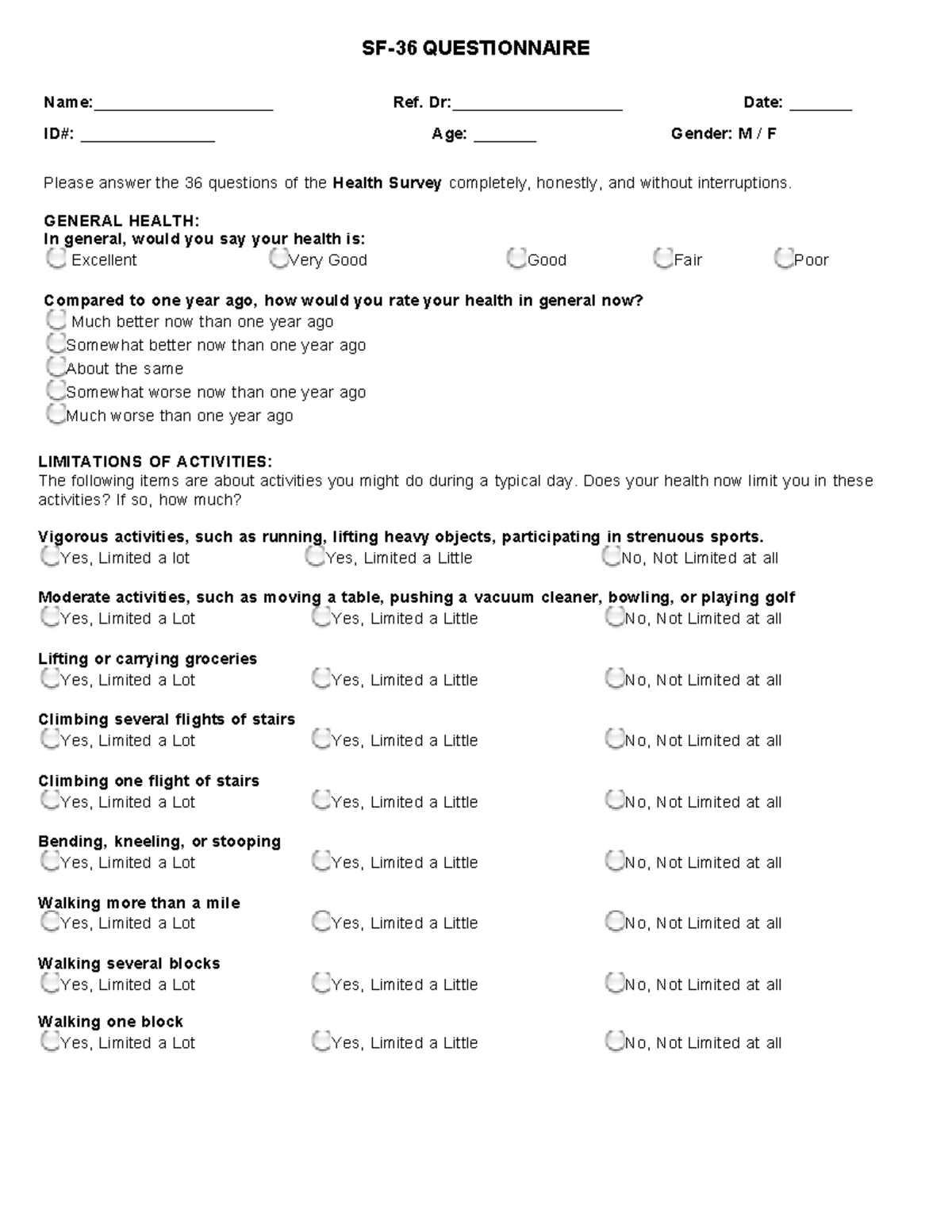 SF-36 Questionnaire - Practice Materials - SF-36 QUESTIONNAIRE Name ...