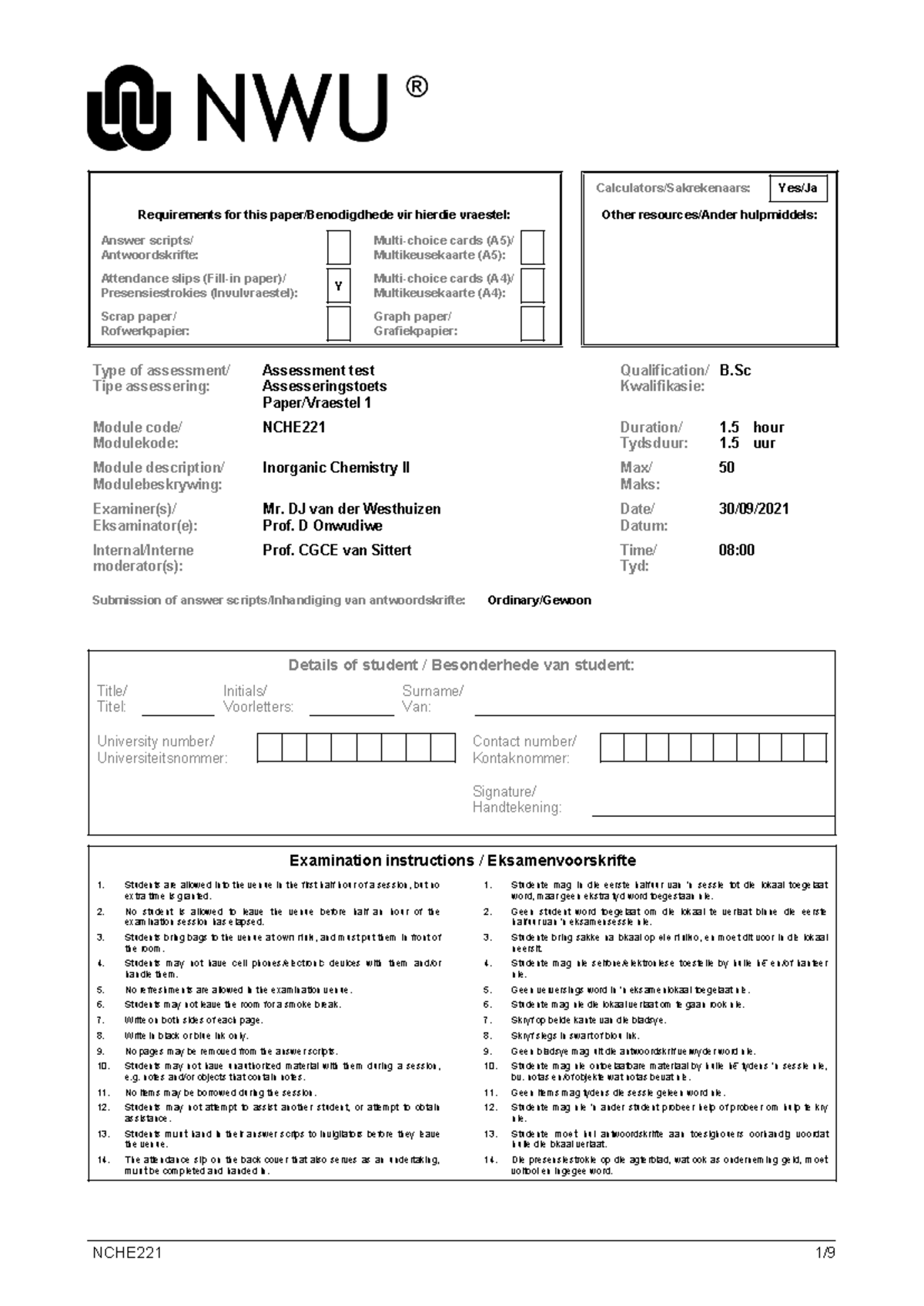 NCHE221 Semester test 2021 - Calculators/Sakrekenaars: Yes/Ja ...