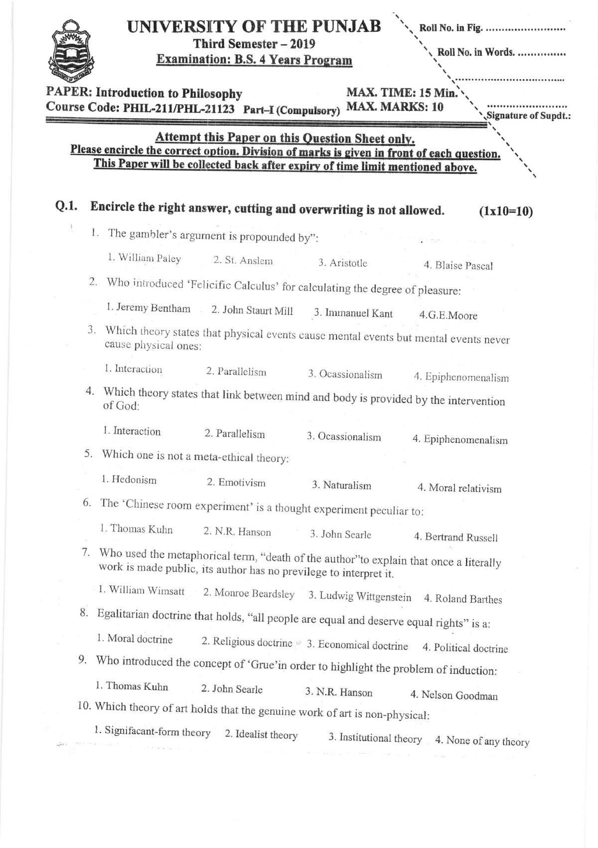 P2019 Phil-211 - Past Papers For Bs Semester 3 , Course Phil 211  Phl 