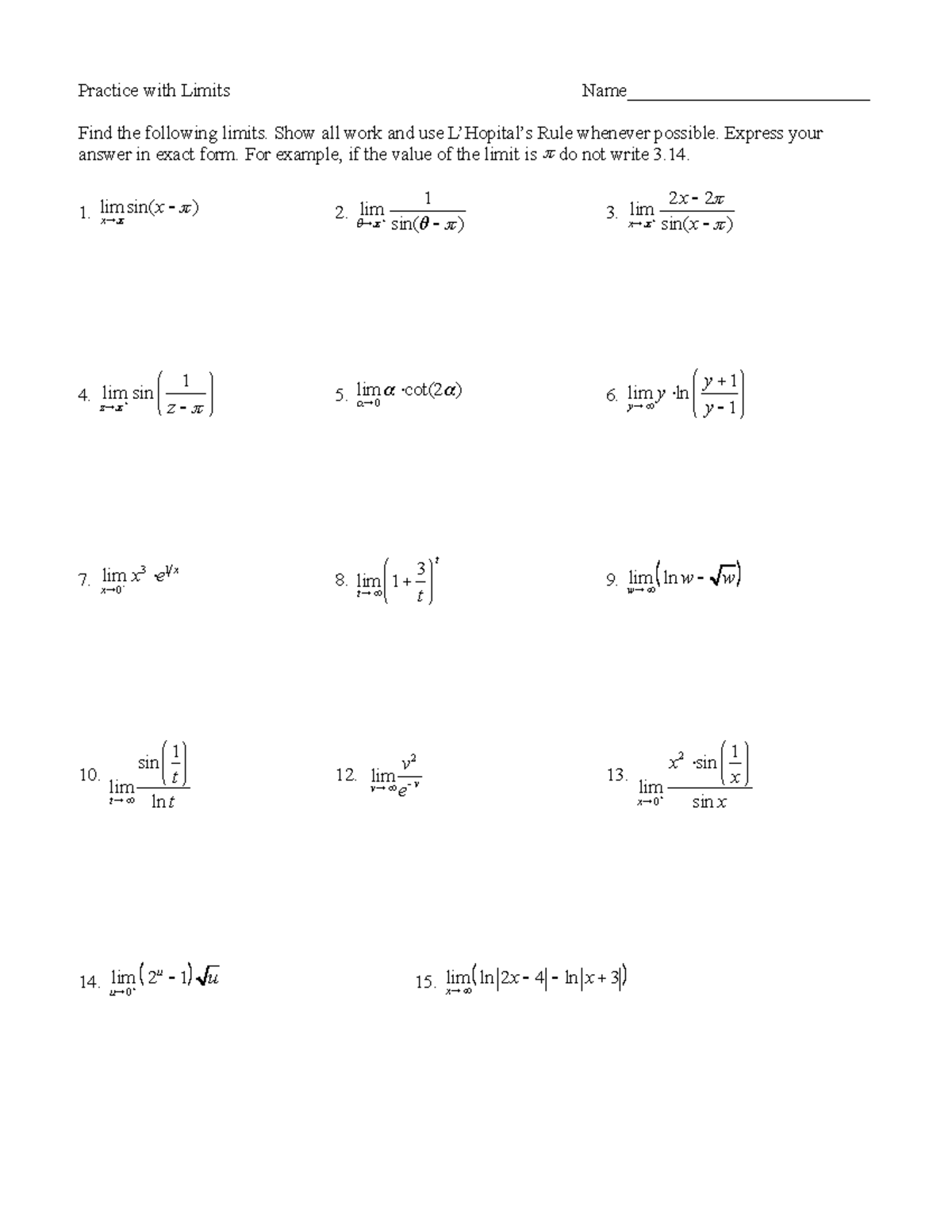 Limit Practice - Notes - Practice with Limits Name ...