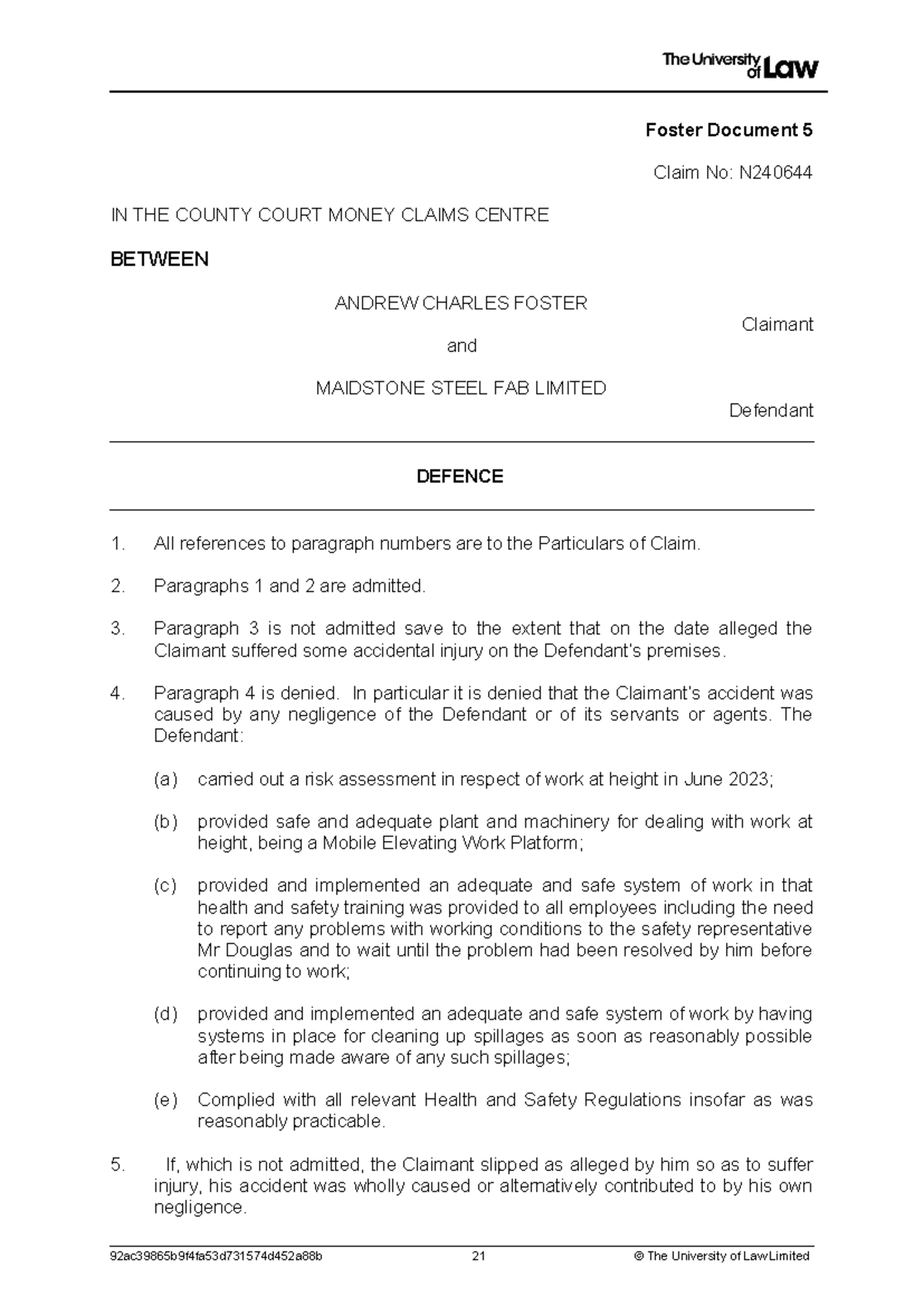 Foster Defence - Foster Document 5 Claim No: N IN THE COUNTY COURT ...