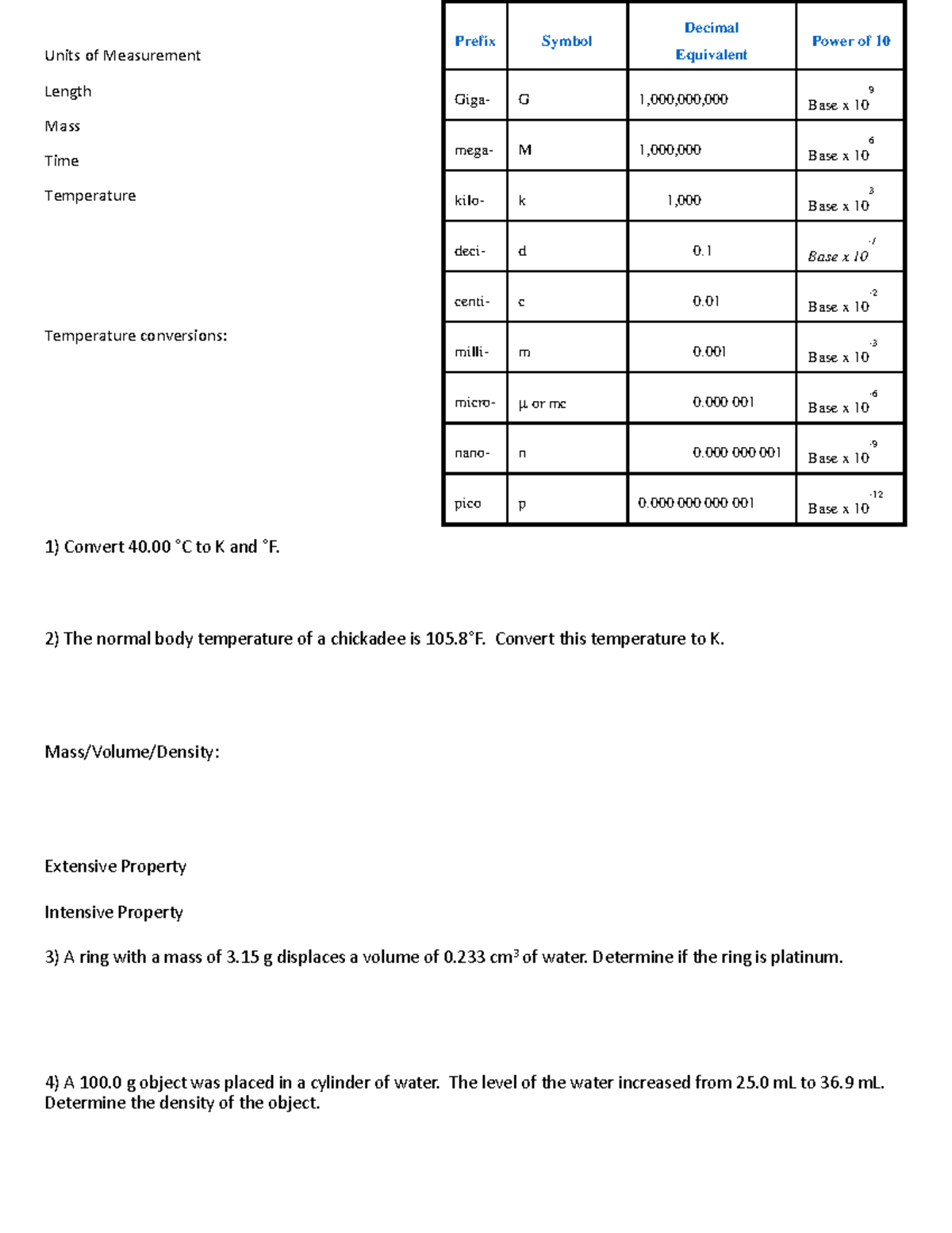 Units Meas Notes Units Of Measurement Length Mass Time Temperature