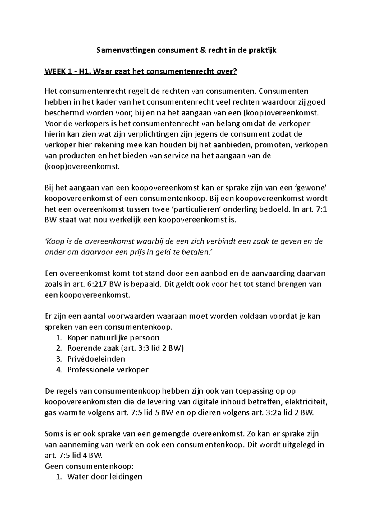 Samenvattingen Consument - Consumentenrecht - Inholland - Studeersnel