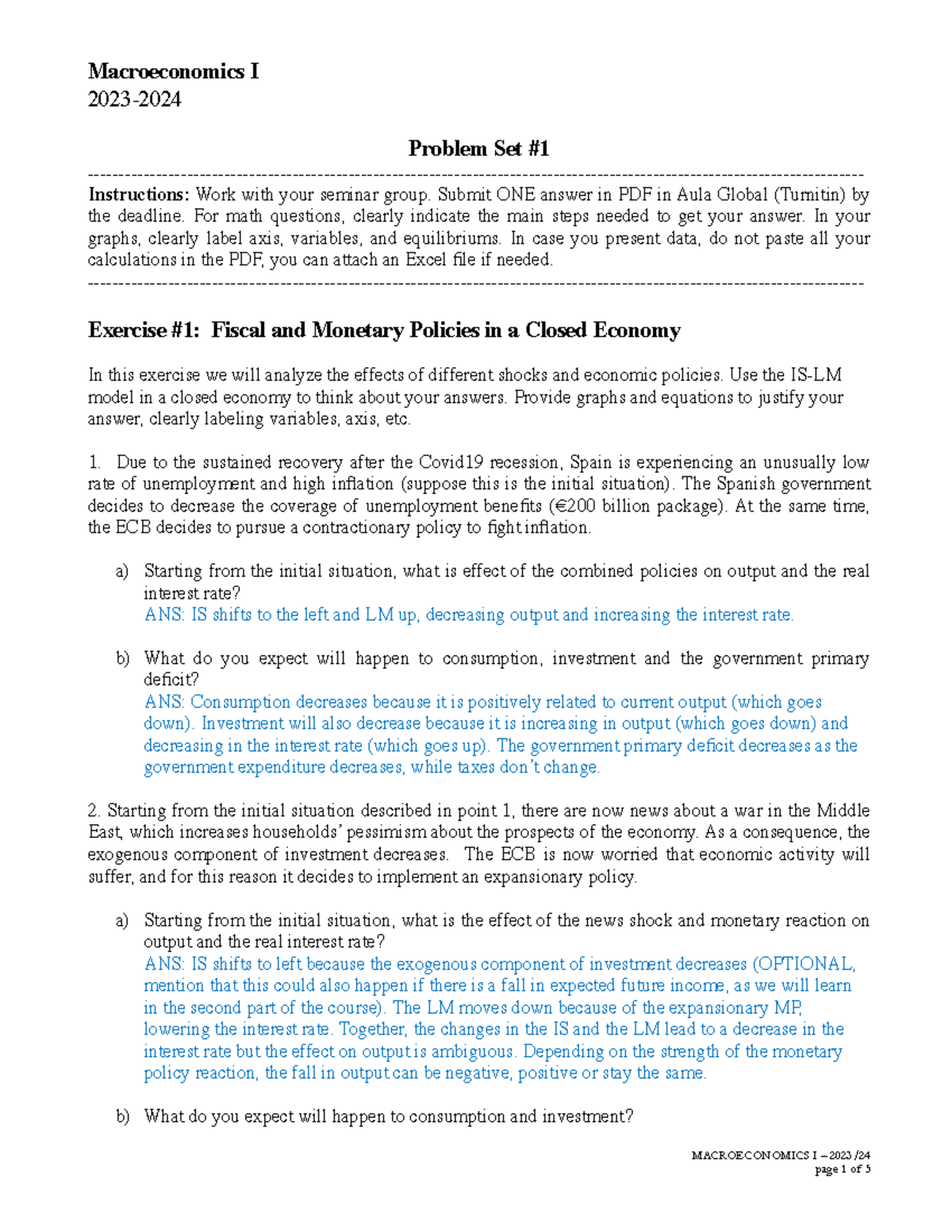 Problem Set 1 2023 solutions - Macroeconomics I 2023- Problem Set ...