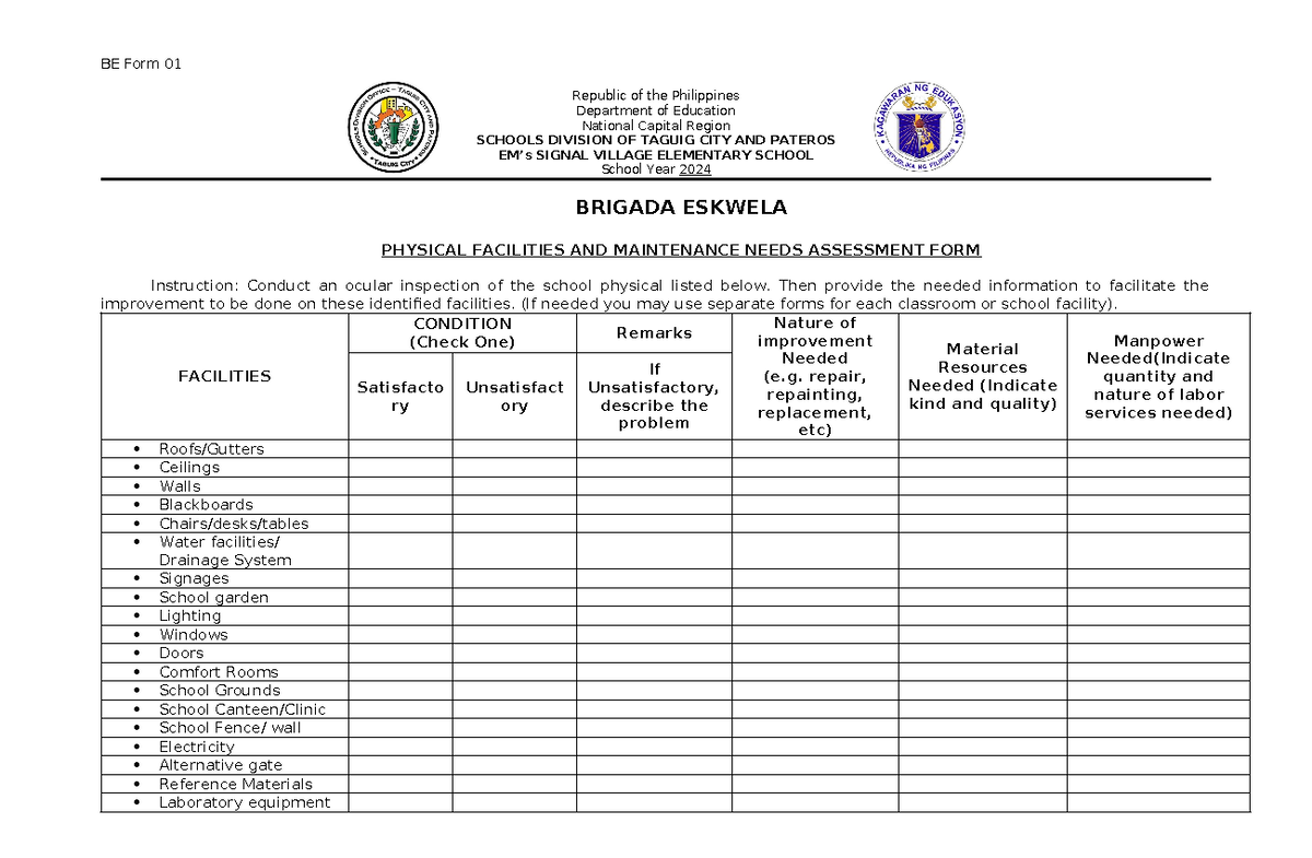 Esves Brigada Eskwela Blank Forms - BE Form 01 Republic of the ...