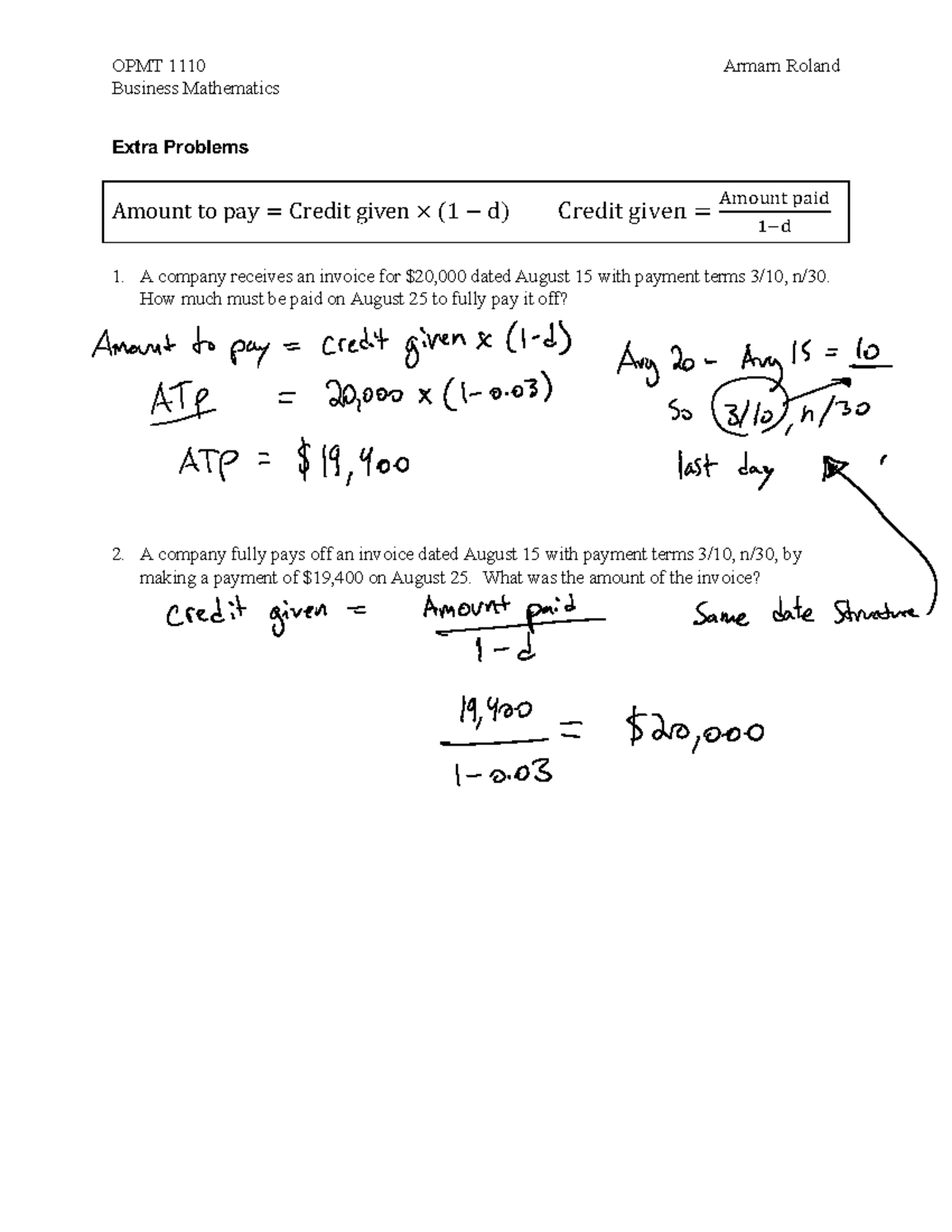 Extra Problems Lecture 4 Solutions - Business Mathematics Extra ...