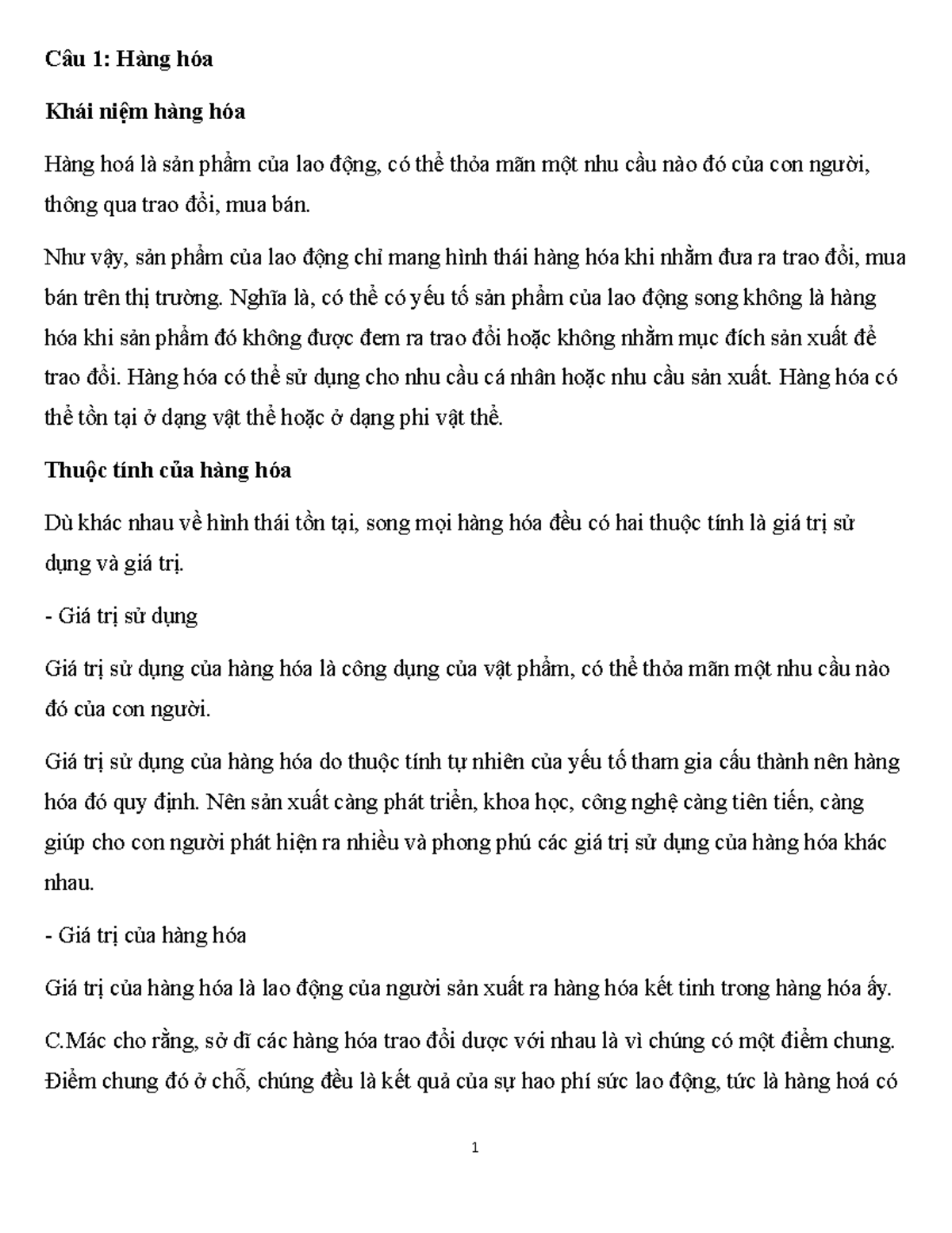 Đề cương KTCT - njhbgvfcvb - Câu 1: Hàng hóa Khái niệm hàng hóa Hàng hoá là sản phẩm của lao động, - Studocu