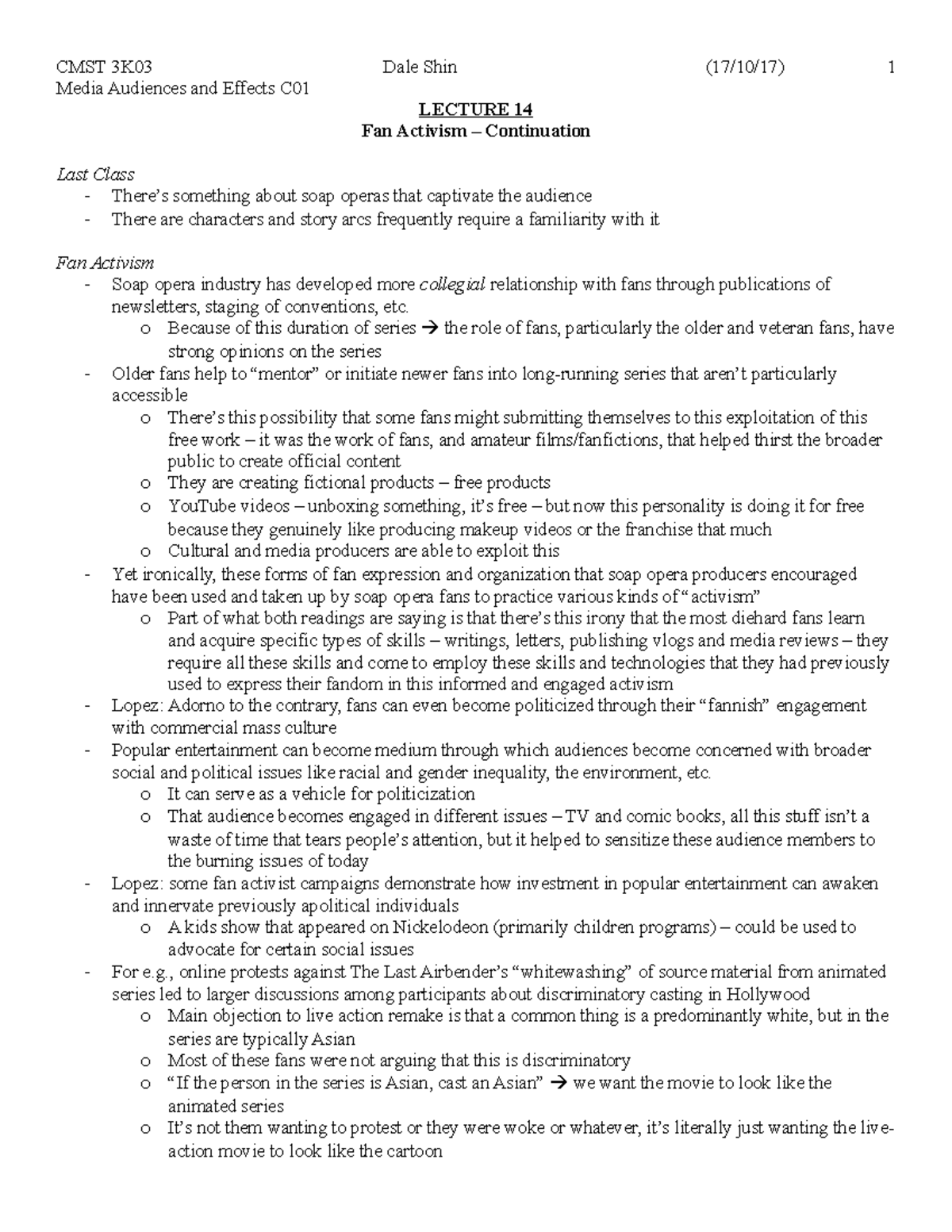 Lecture 14 Fan Activism (cont) CMST 3K03 Media Audiences and