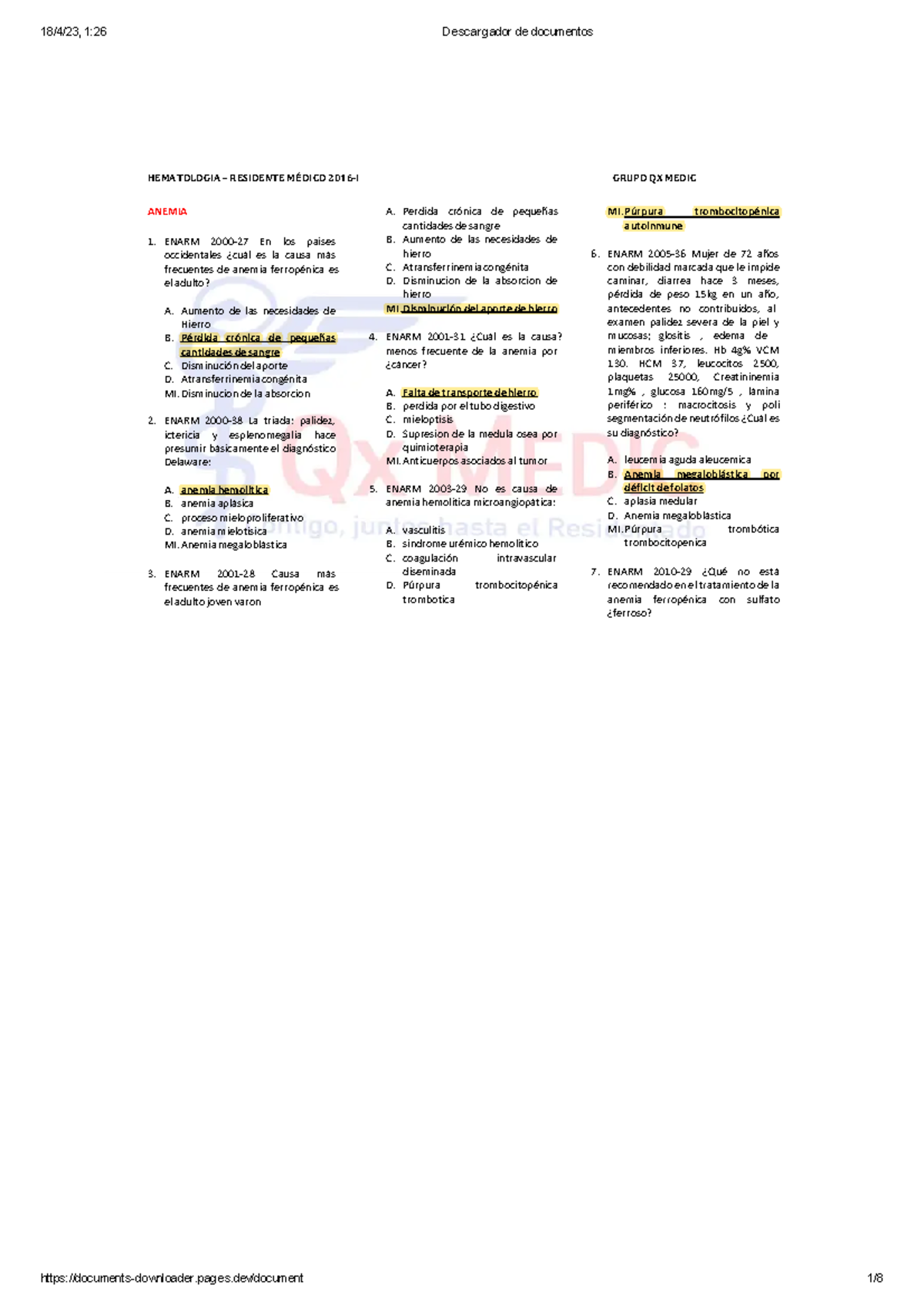 Klausurenkurs 2 Examen Hemmer Examen Hematologia 5 - HEMATOLOGIA – RESIDENTE MÉDICO 2016-I GRUPO QX