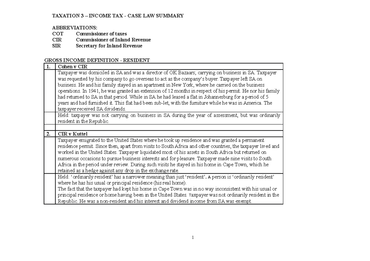 Case law summaries Summary Taxation 2A TAXATION 3 TAX