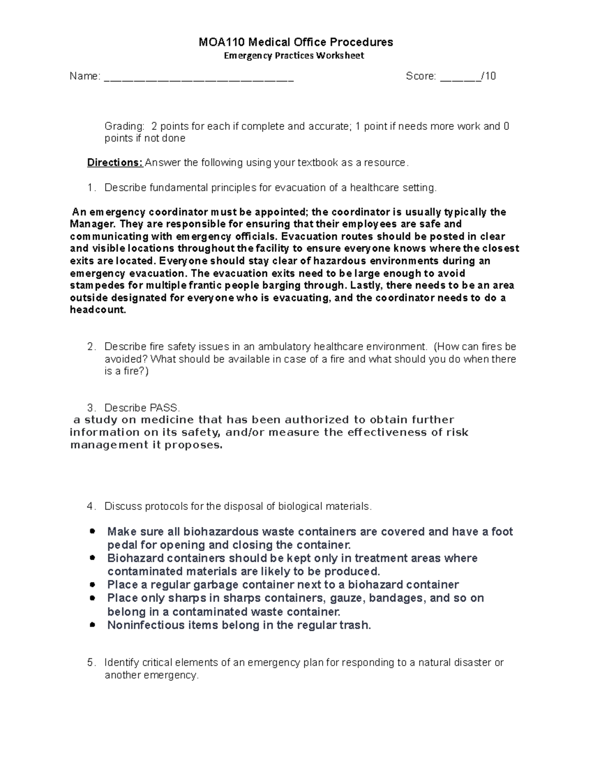 Day 2 - Emergency Practices Worksheet - MOA110 Medical Office ...