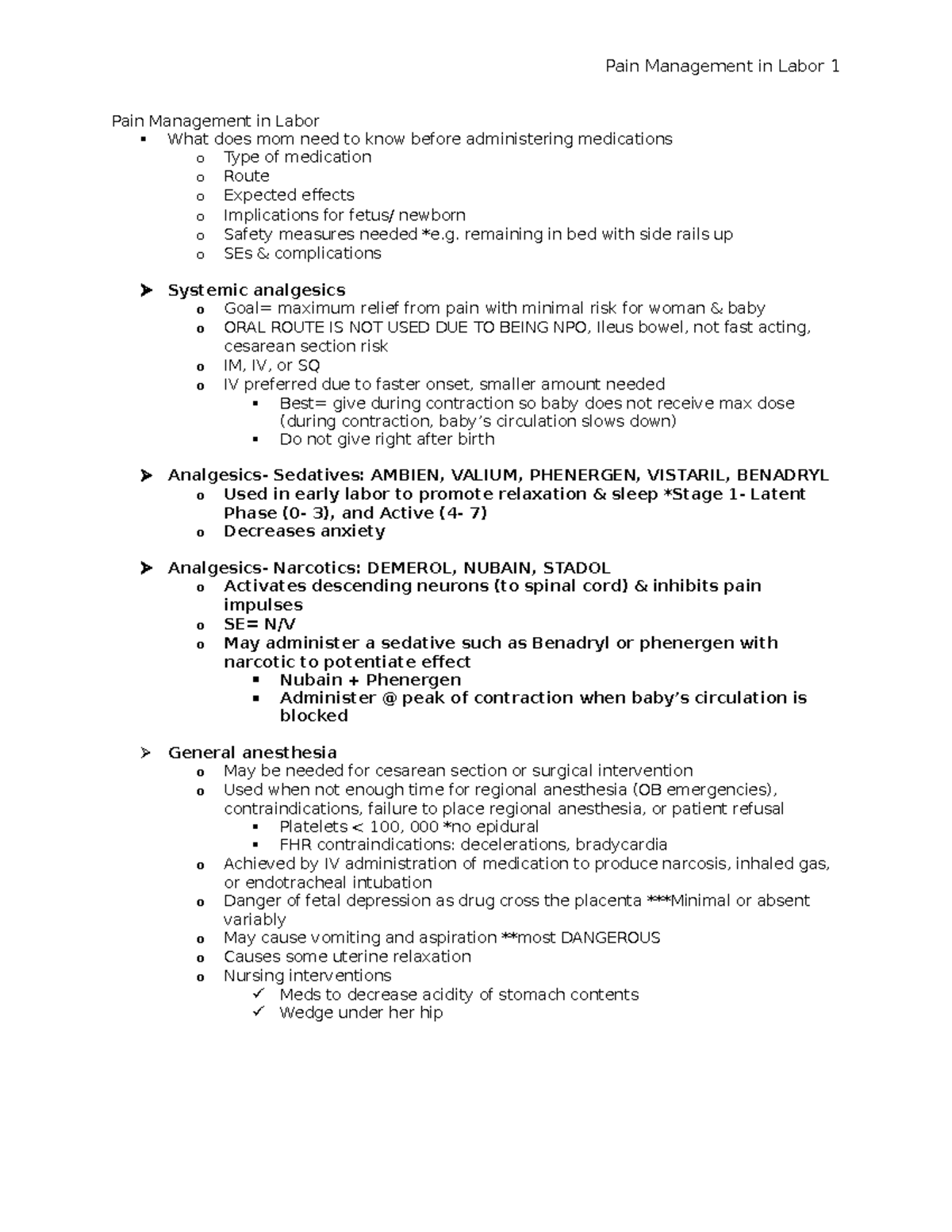 Pain Management In Labor Nurs 4280 Pain Management In Labor What Does Mom Need To Know Before Administering Medications Type Of Medication Route Expected Studocu