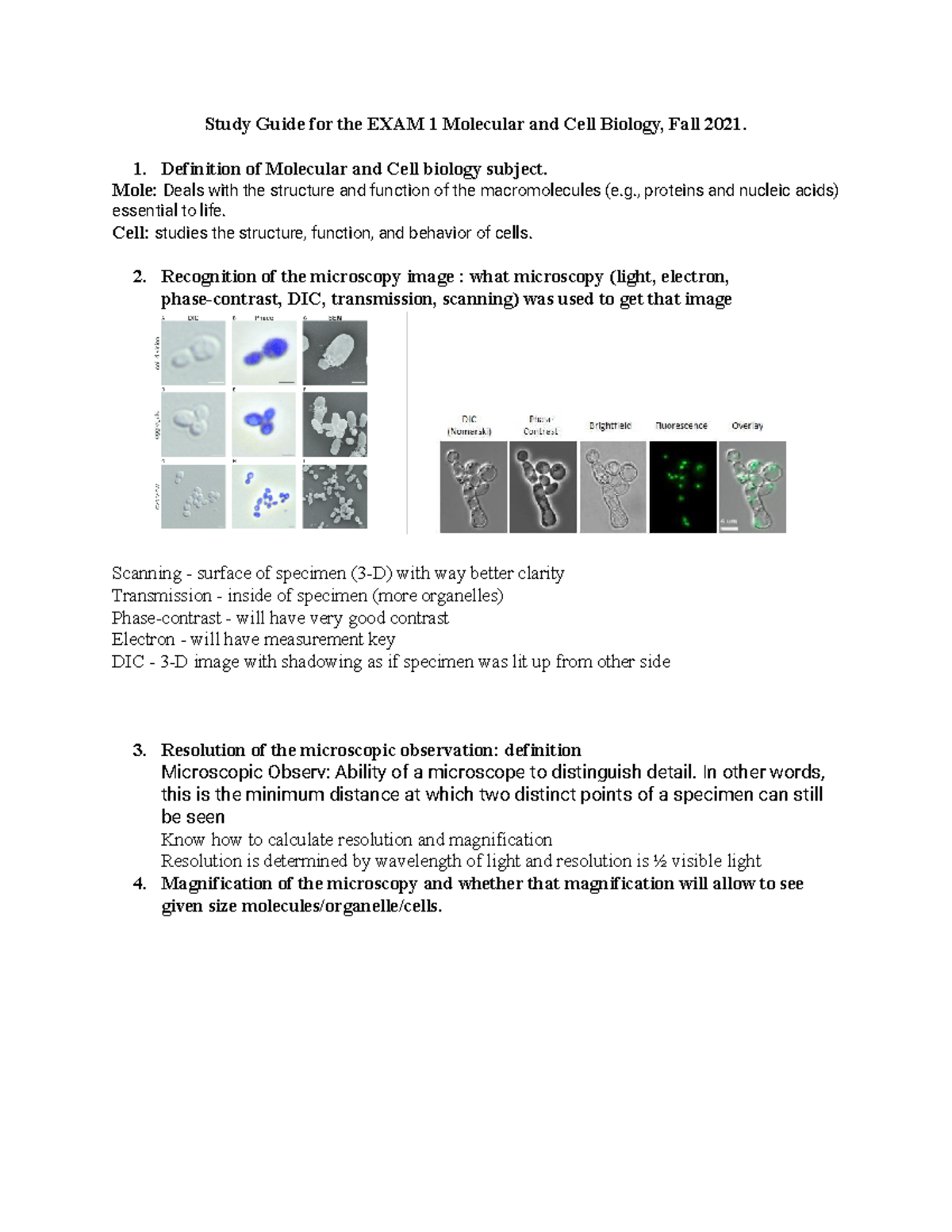 Study guide for molecular cell biology Study Guide for the EXAM 1