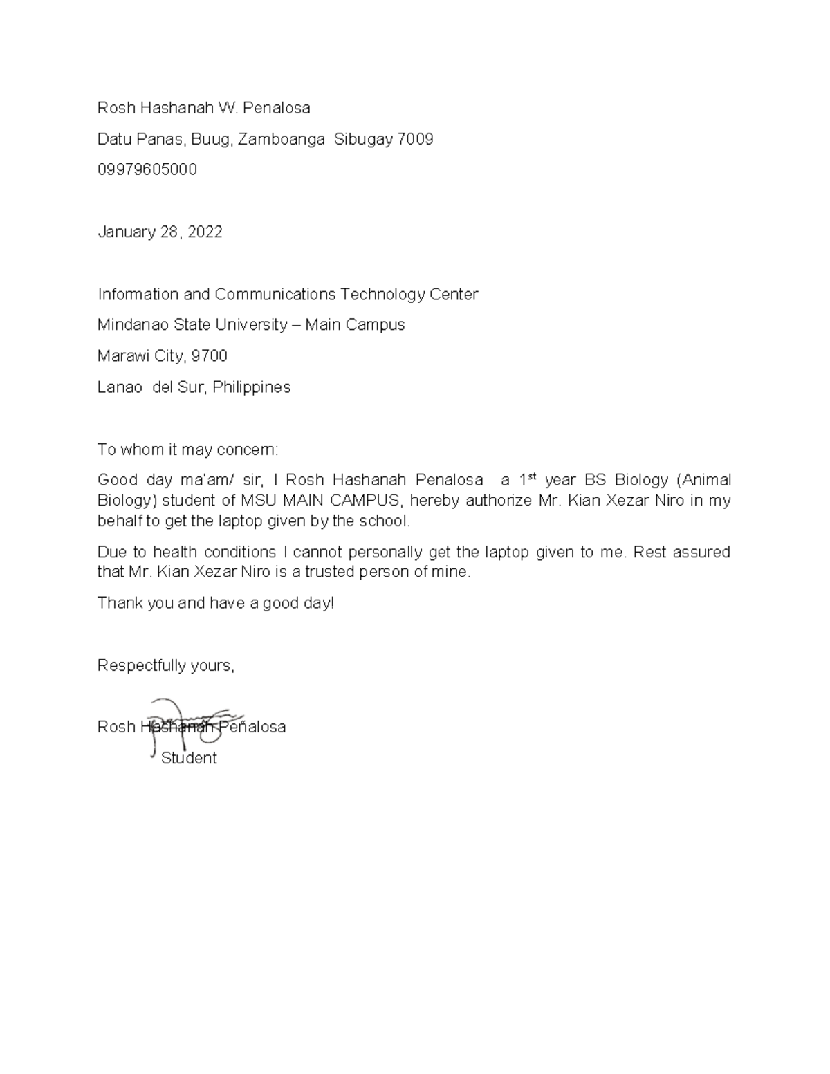 'Authorization letter' - Rosh Hashanah W. Penalosa Datu Panas, Buug ...