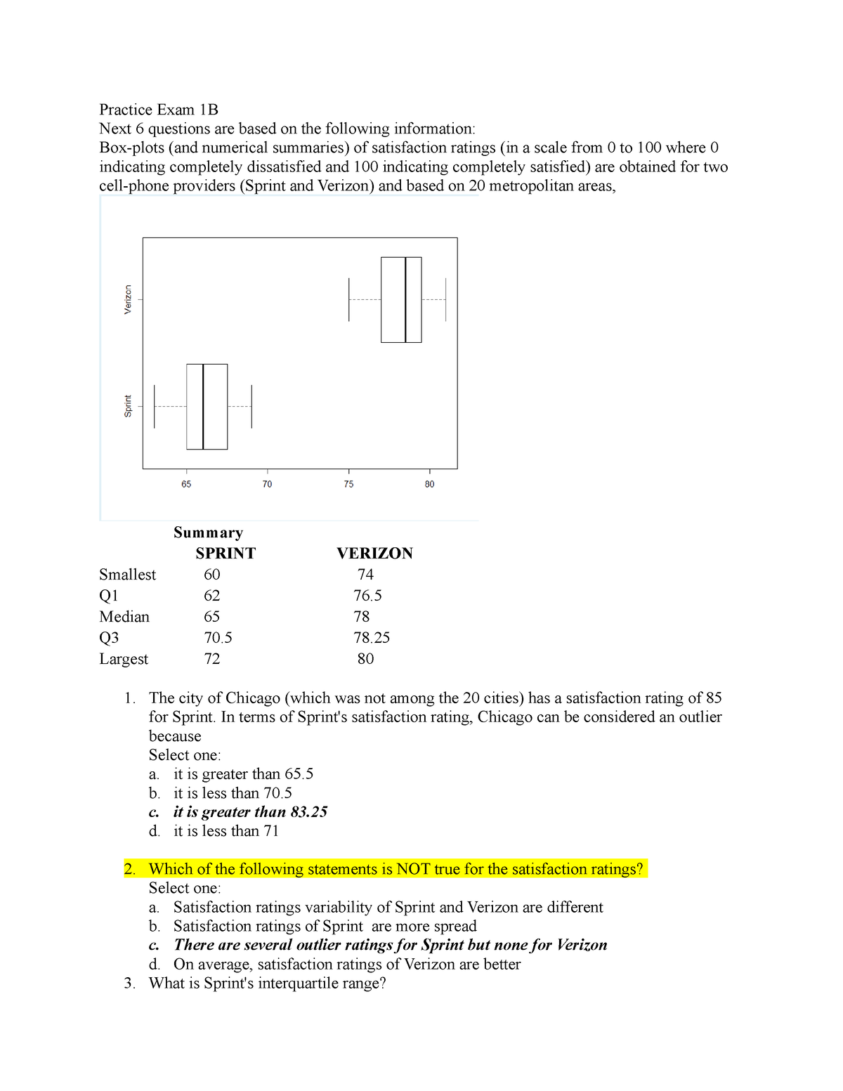 Midterm 1 Practice Exam 2 - Practice Exam 1B Next 6 Questions Are Based ...