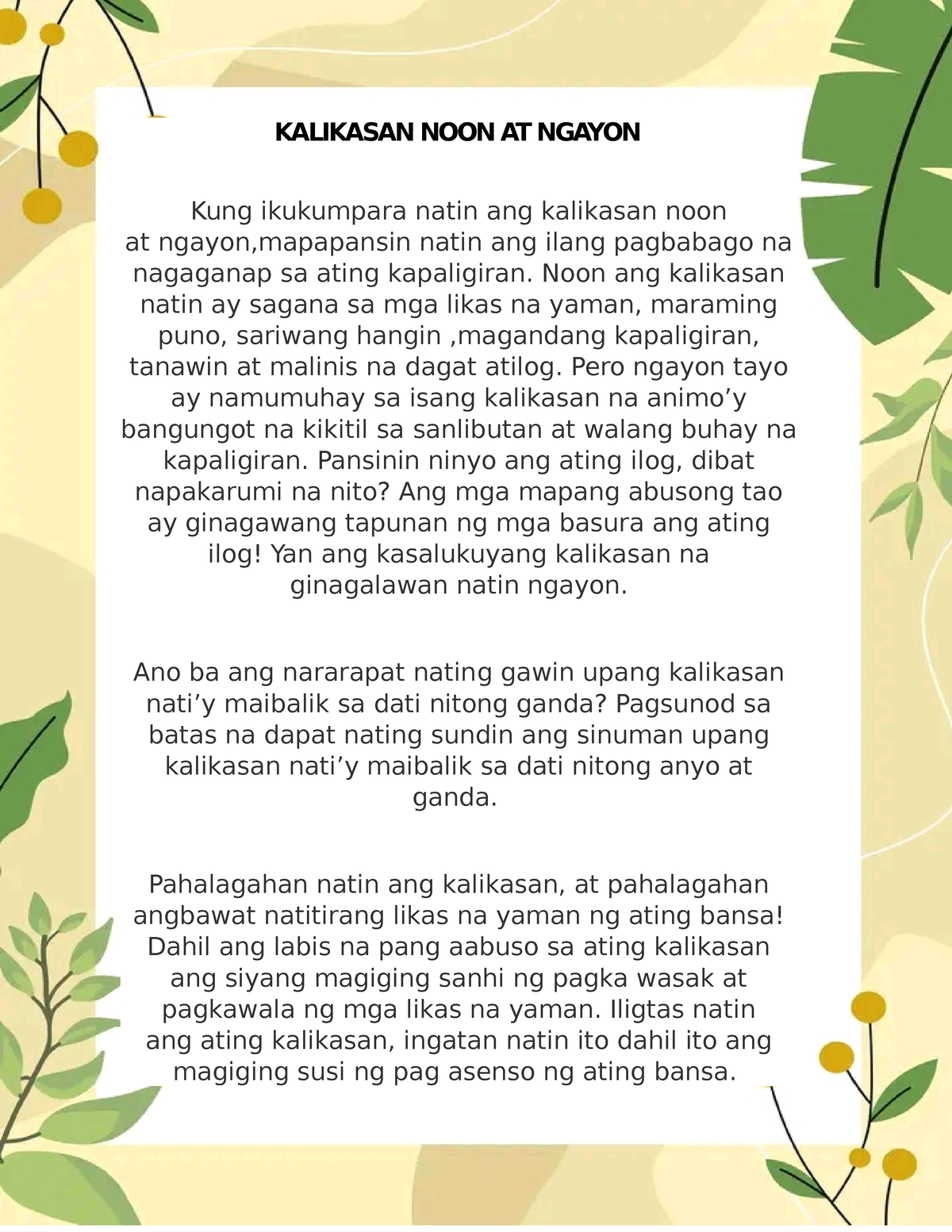 Document2014 Hope It Helps Kalikasan Noon At Ngayon Kung Ikukumpara Natin Ang Kalikasan 