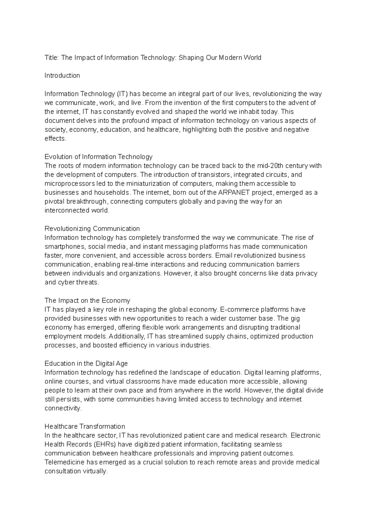 The Impact of Information Technology Shaping Our Modern World - Title ...