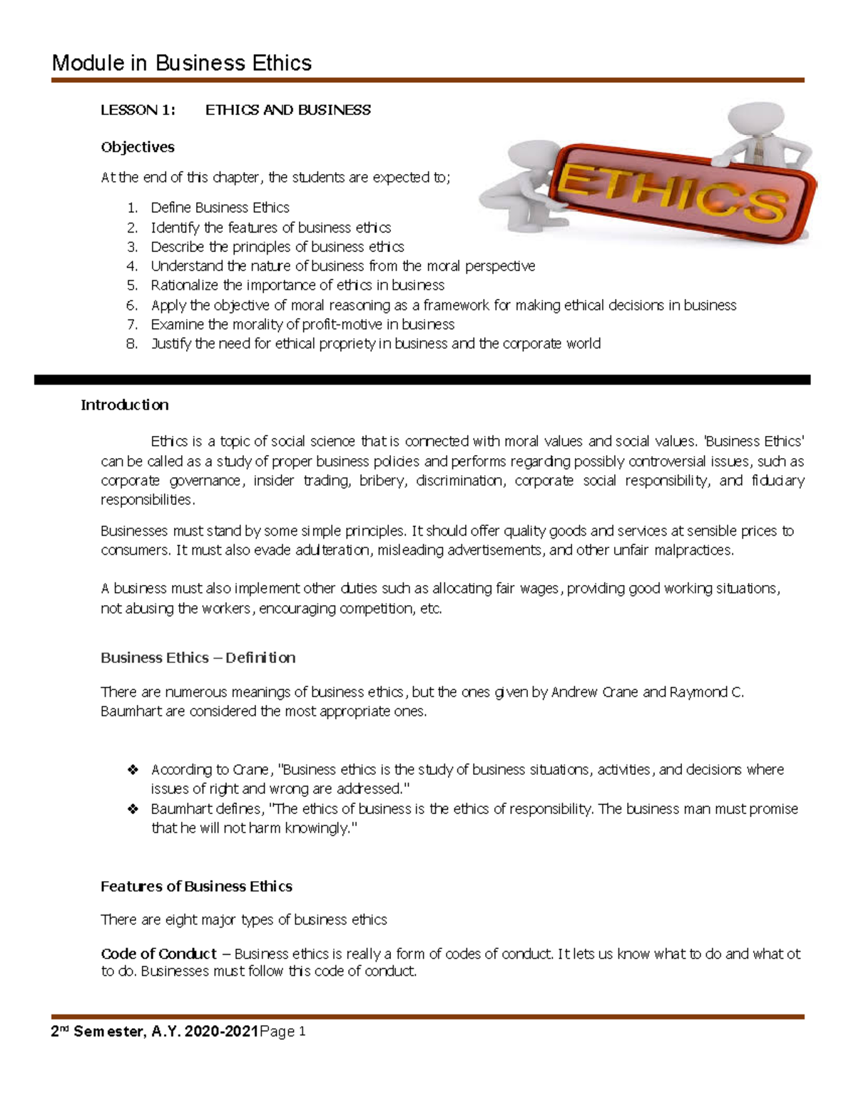 Ethics AND Business - Lecture notes 1 - BatStateU - Studocu