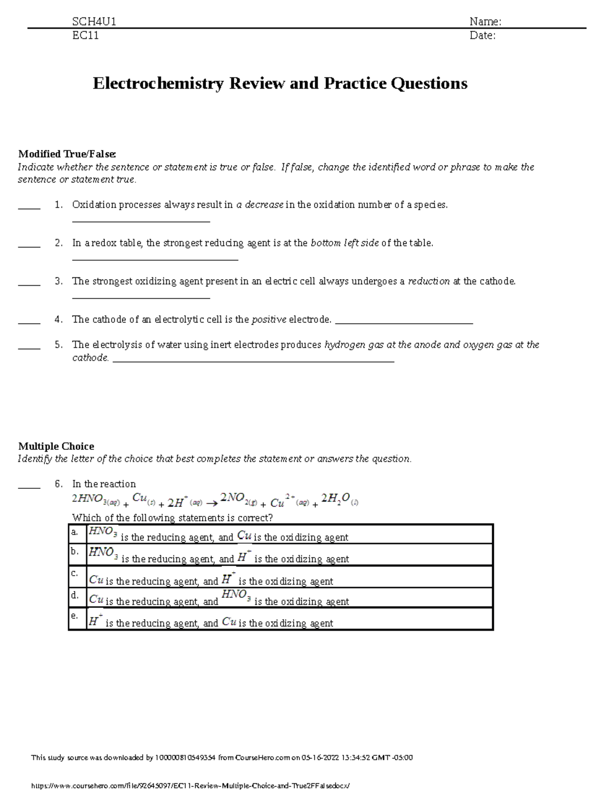 Electrochemistry Review and Practice Questions Studocu
