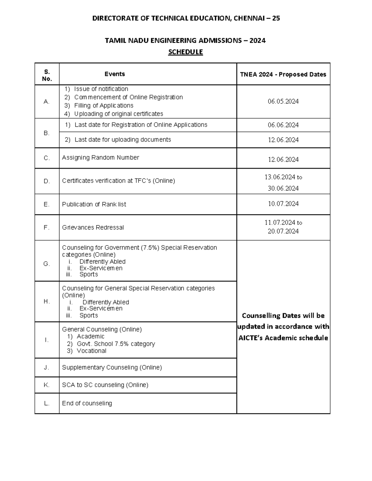 TNEA 2024 Tentative Schedule - DIRECTORATE OF TECHNICAL EDUCATION ...