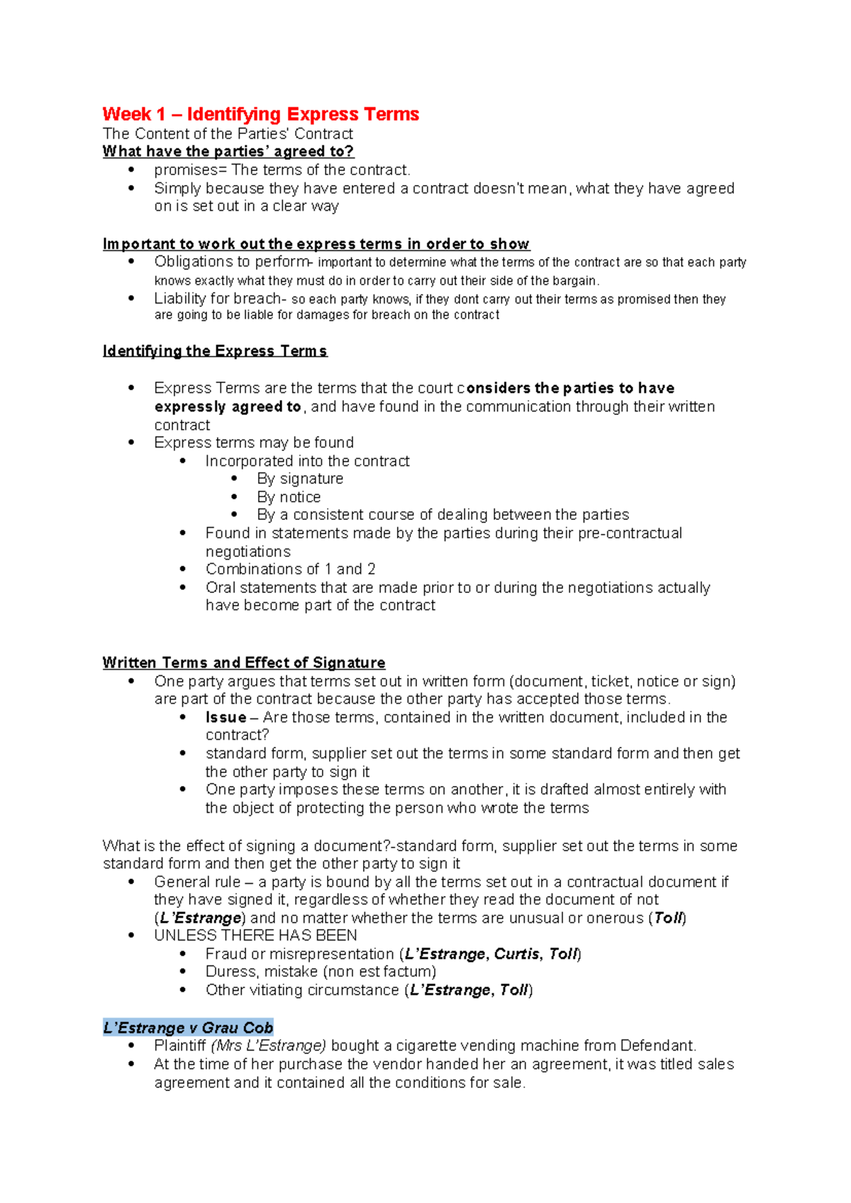 Week 1- LLb1170 - notes - Week 1 – Identifying Express Terms The ...