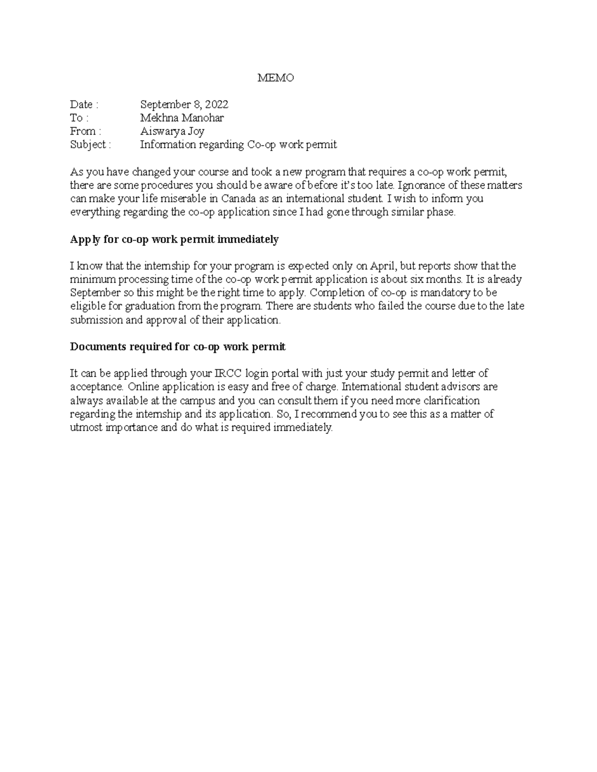 Memo - documents - MEMO Date : September 8, 2022 To : Mekhna Manohar ...