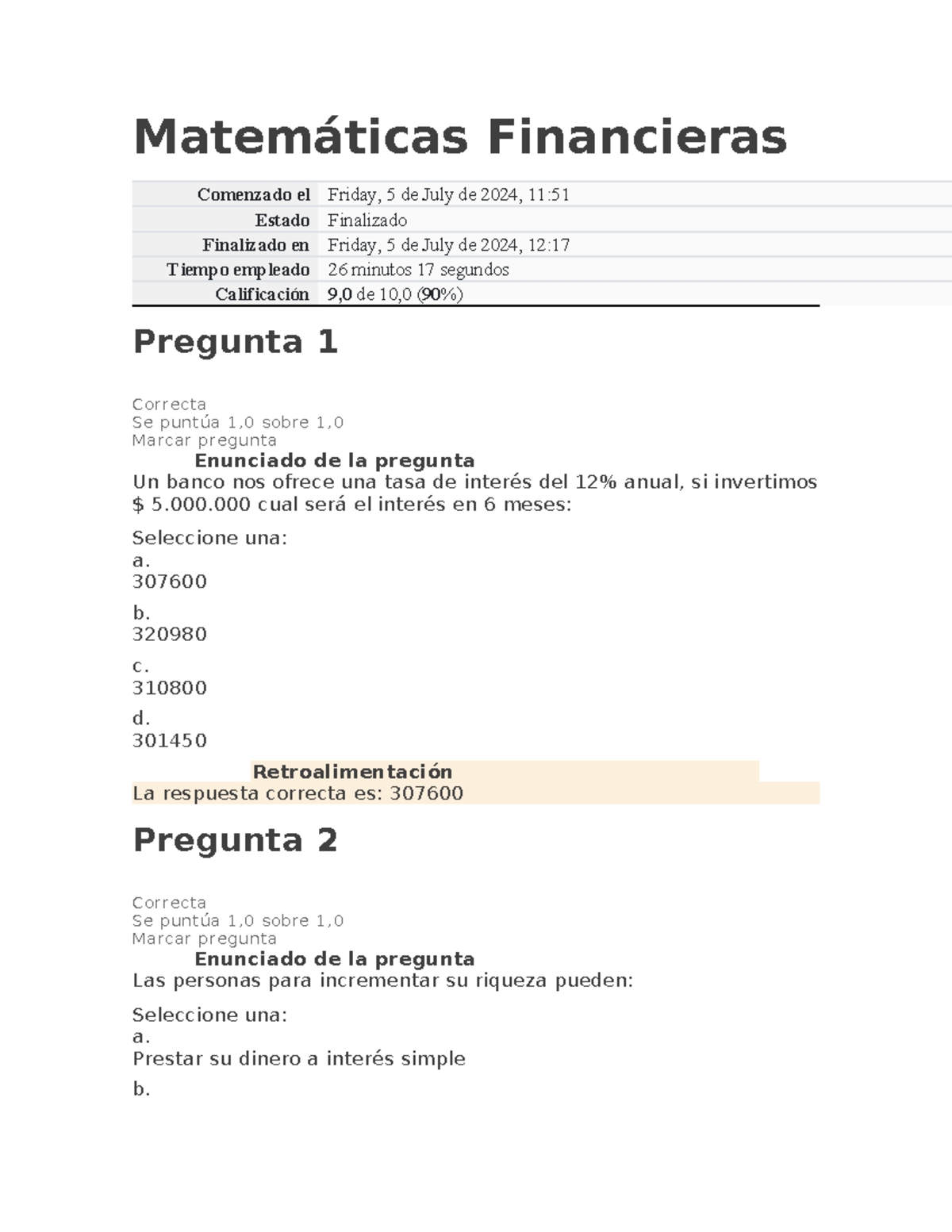 Examen Matemáticas Financieras unidad 1 - Matemáticas Financieras ...