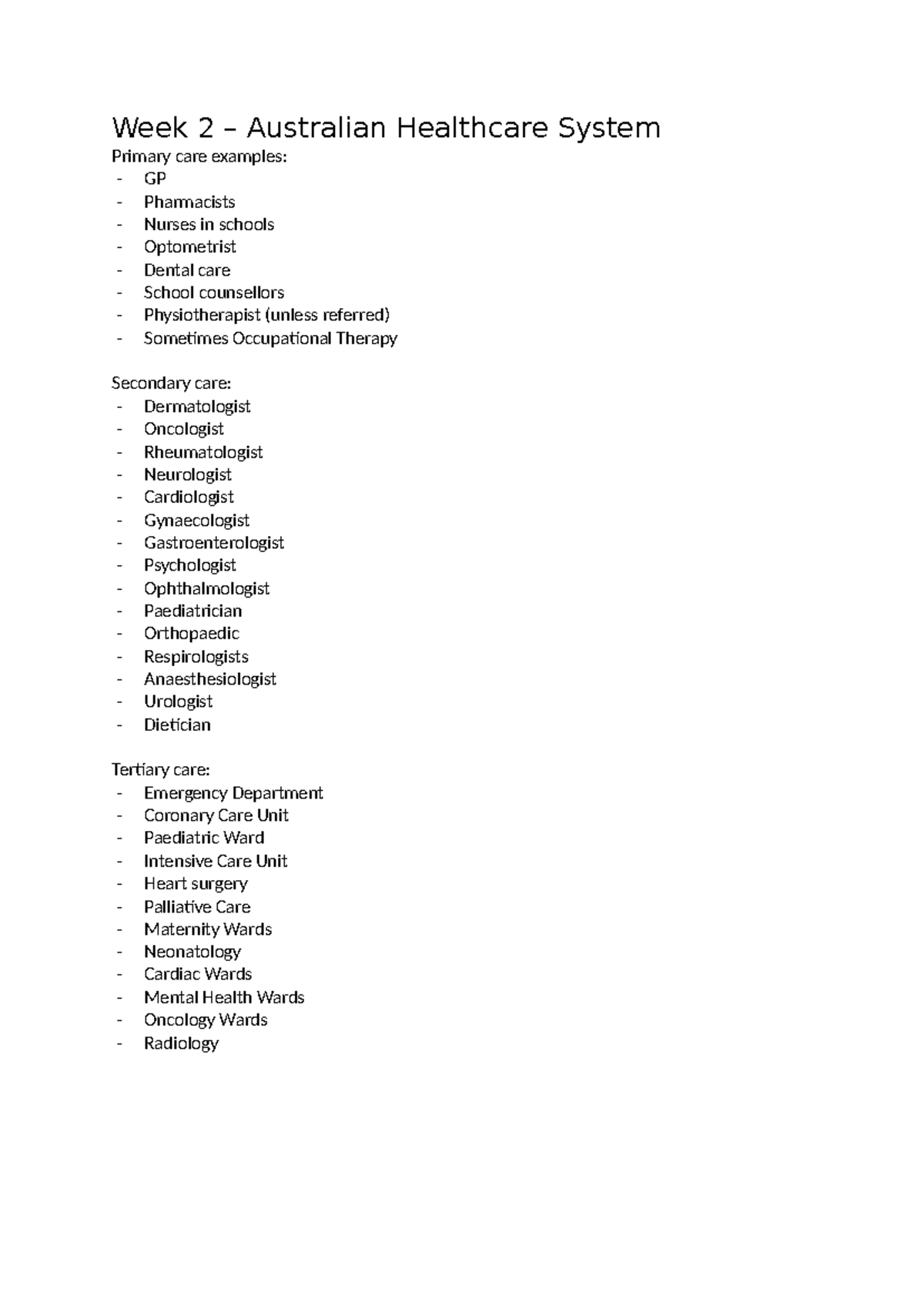 Week 2 - Week 2 – Australian Healthcare System Primary care examples ...