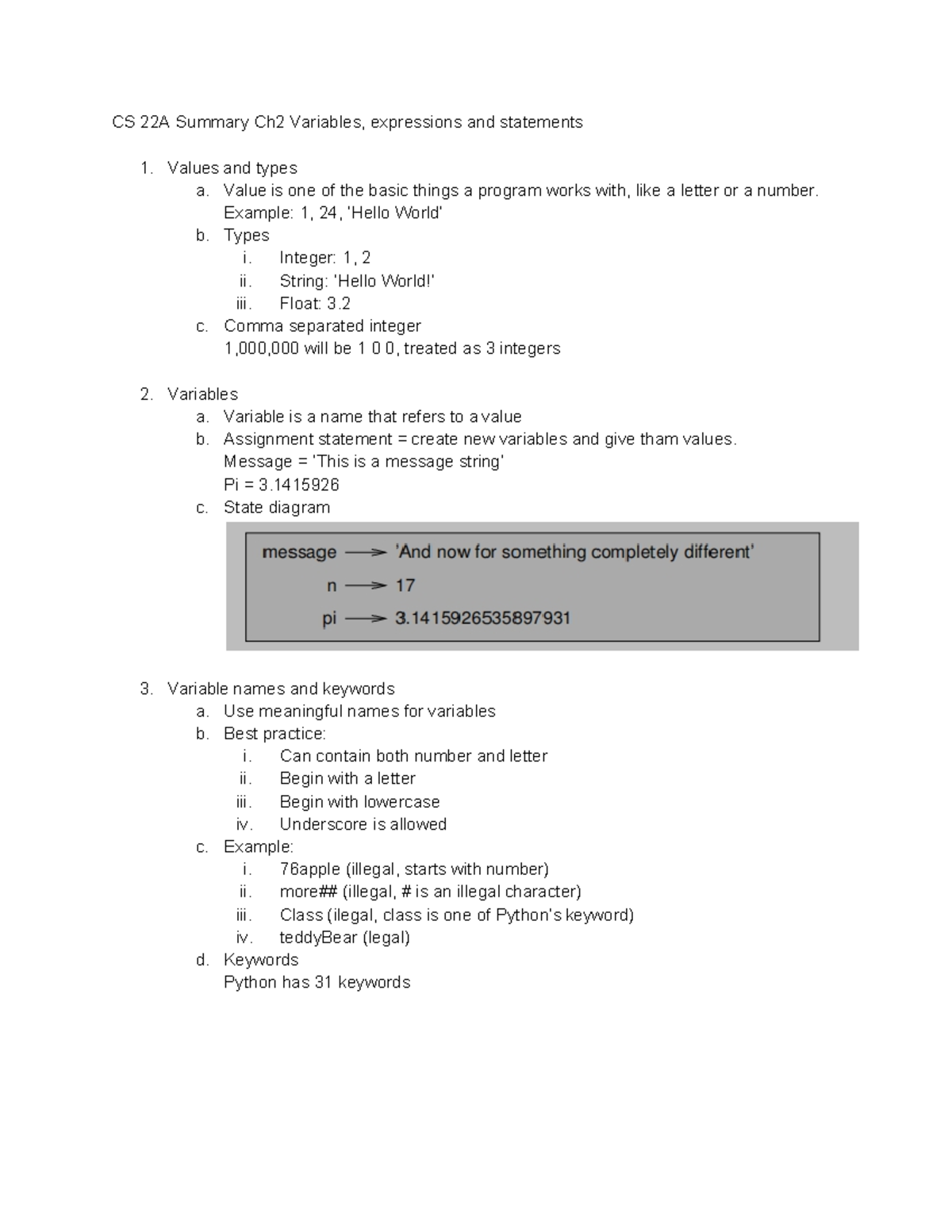 CS 22A Summary Ch2 - Value is one of the basic things a program works ...