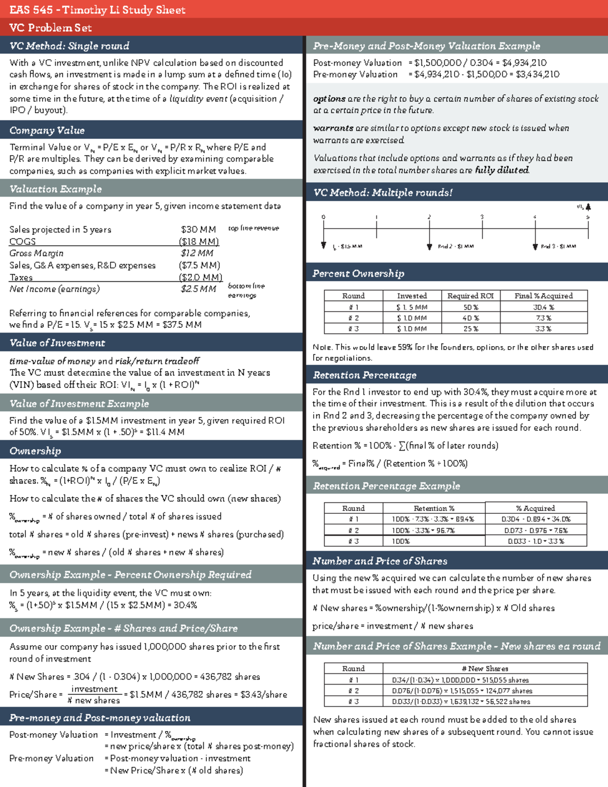Study Sheet - Summary EAS - EAS 545 - Timothy Li Study Sheet VC Problem ...