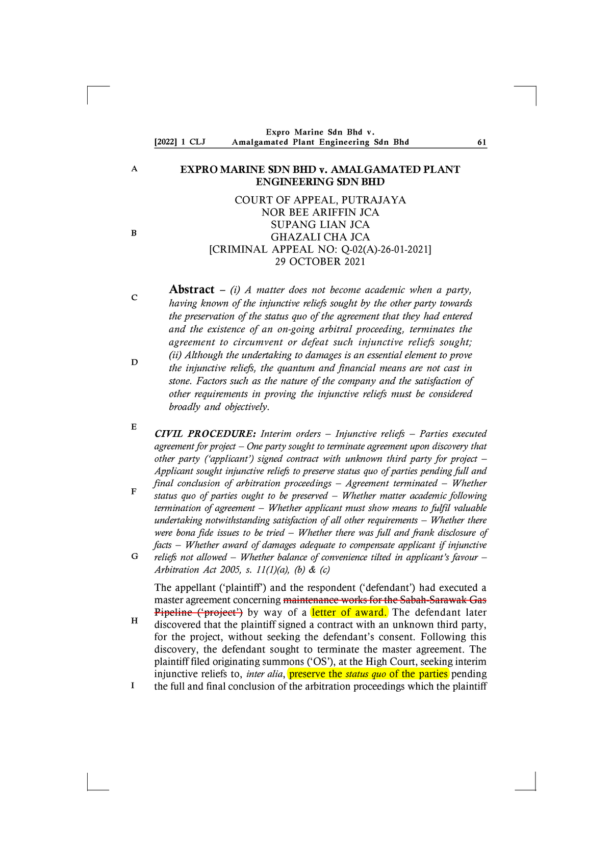 Expro Marine SDN BHD V. Amalgamated Plant Engineering SDN BHD [2022] 1 ...