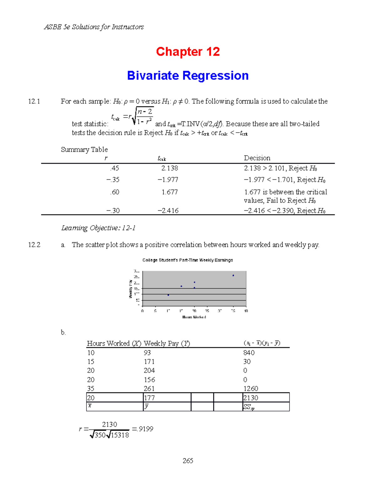 Problem Solutions Chapter 12 Simple Regression - Chapter 12 Bivariate ...