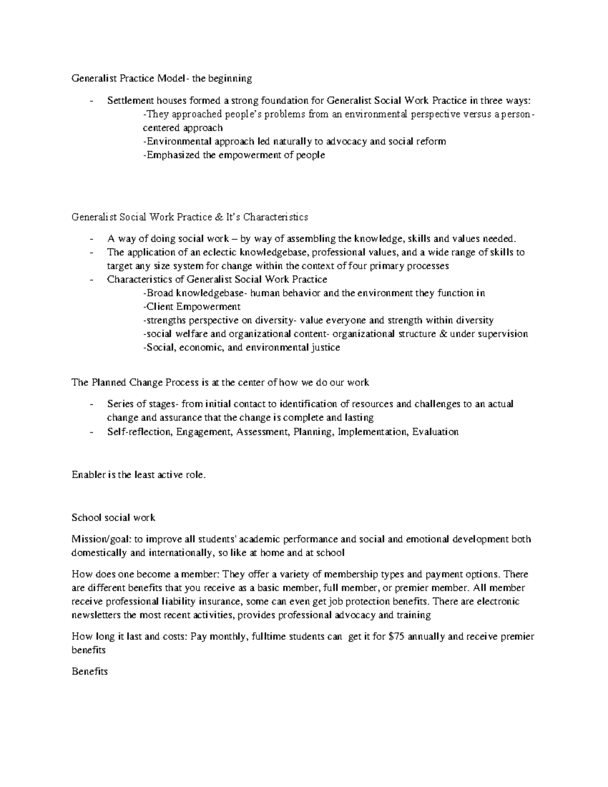 Swk170 notes Generalist Practice Model the beginning Settlement