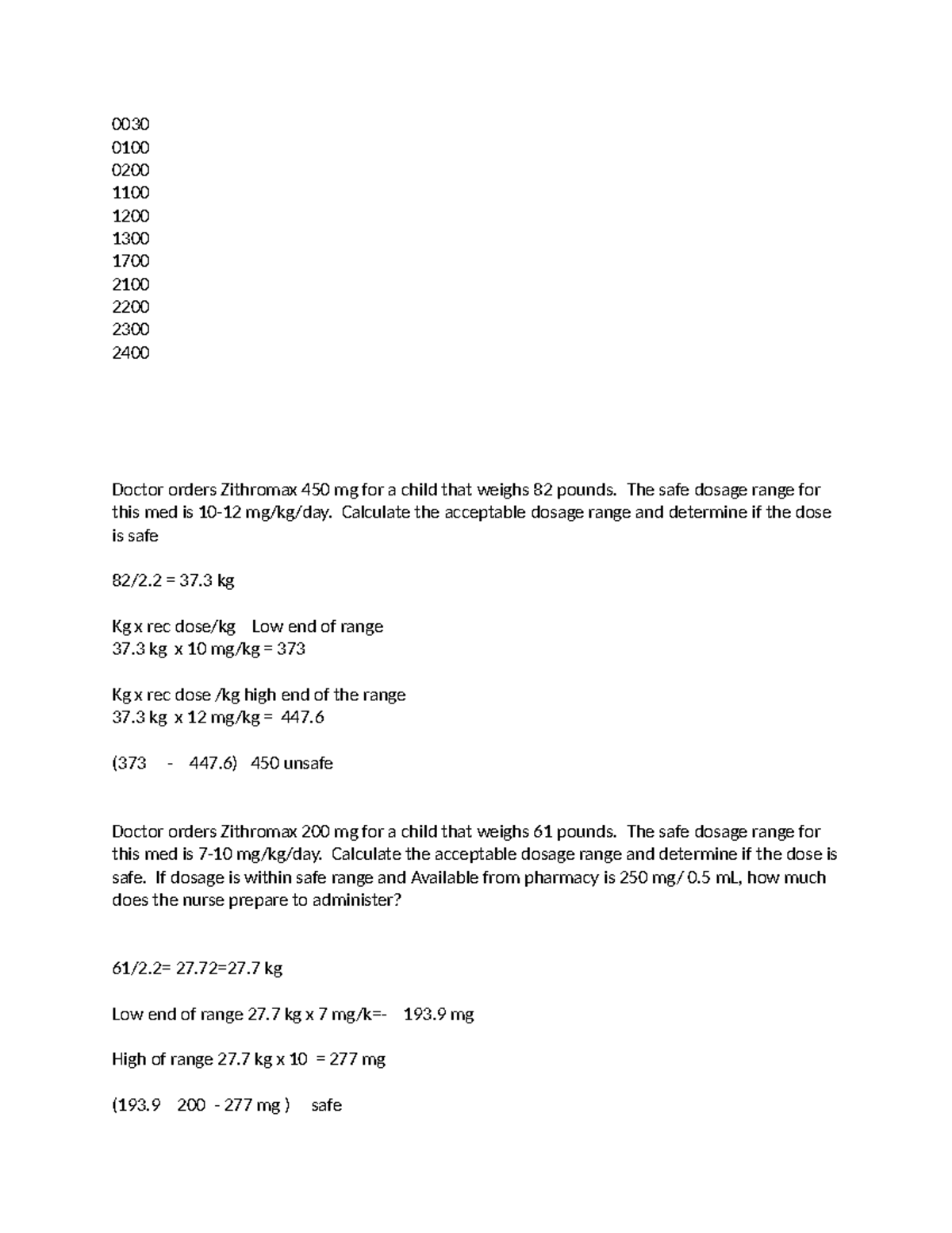 Safe dosage practice safe dose 0030 0100 0200 1100 1200 1300 1700