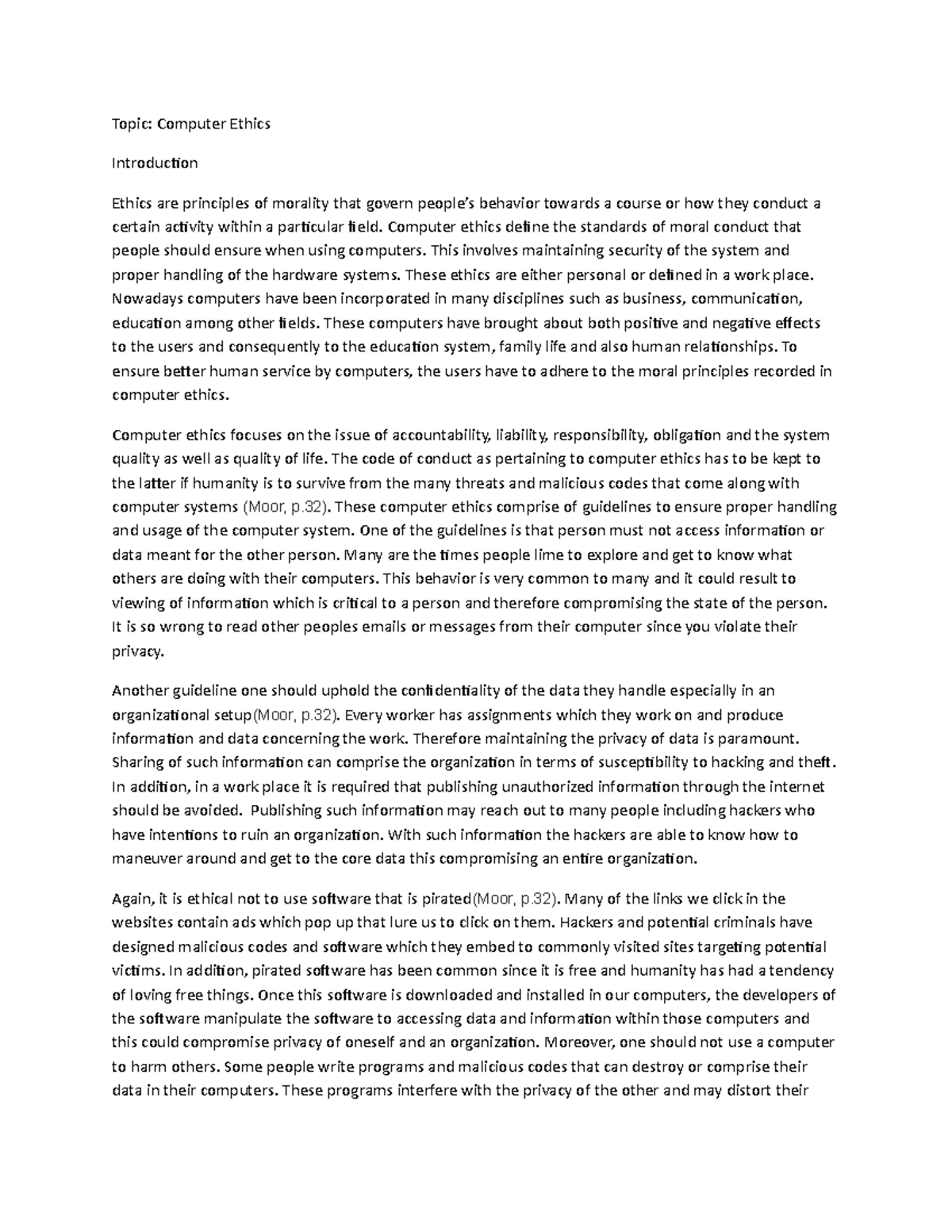 Computer Ethics An assignment given to students Topic Computer Ethics Introduction Ethics