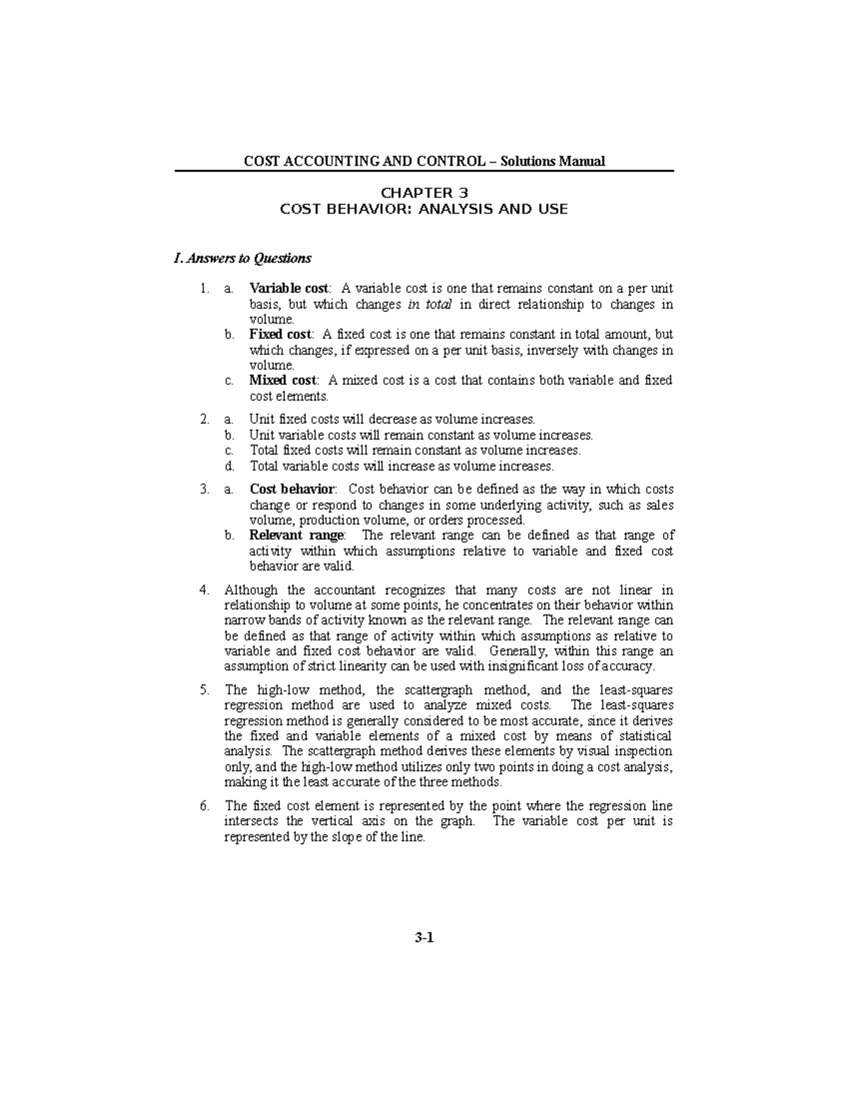 Chapter-3-Answer - COST BEHAVIOR: ANALYSIS AND USE - COST ACCOUNTING ...