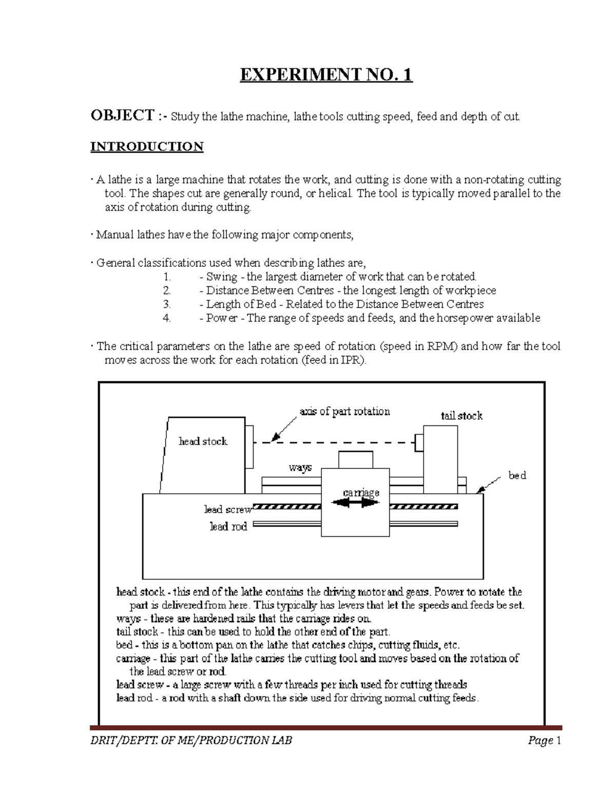 Experiment NO 1 Object Study the lathe m EXPERIMENT NO. 1 OBJECT