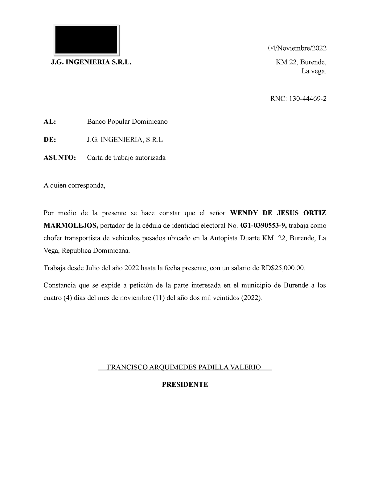 Formato de carta de trabajo - 04Noviembre J. INGENIERIA S.R. KM 22,  Burende, La vega. RNC: - Studocu