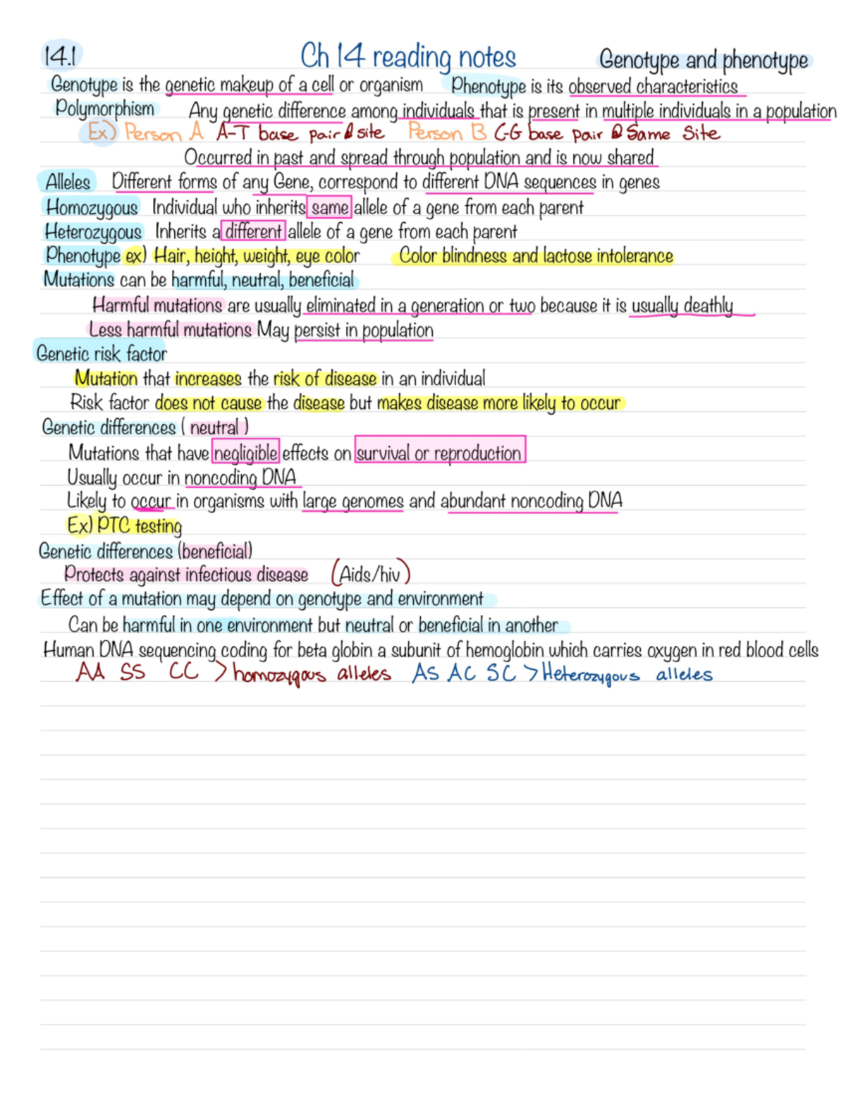 Bio 140 Ch14.1 Reading notes - 14 Ch 14 reading notes Genotype and ...