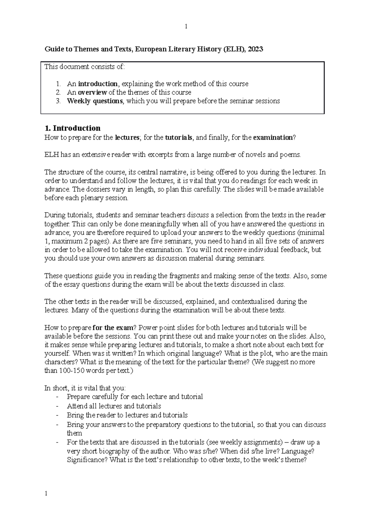 Guide to Themes and Texts ELH 2023 Guide to Themes and Texts, European Literary History (ELH