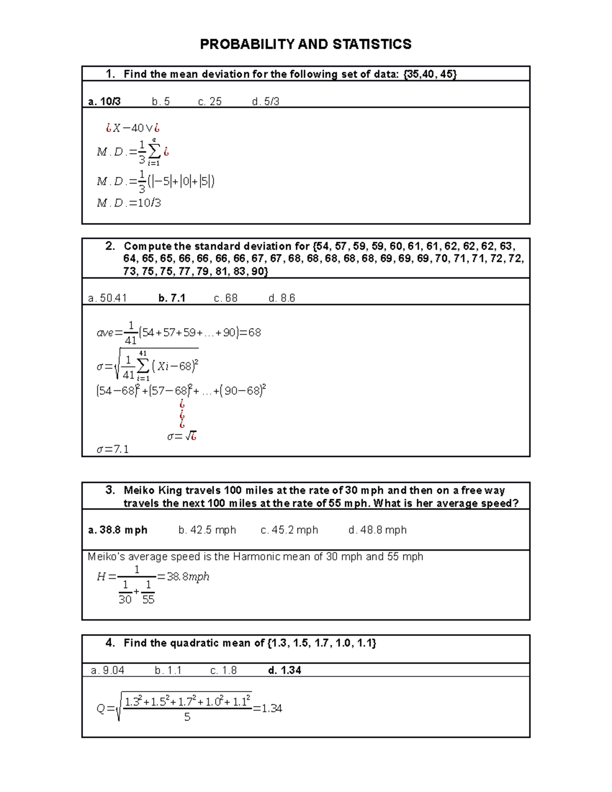 Sample/practice exam, questions and answers - PROBABILITY AND ...