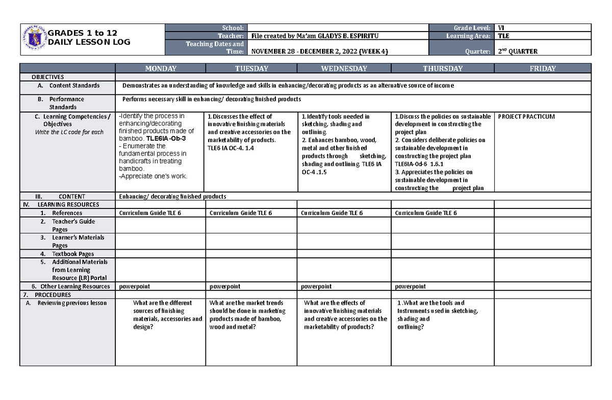 DLL TLE 6 Q2 W4 - DLL TLE 6 Q2 W4 - GRADES 1 to 12 DAILY LESSON LOG ...