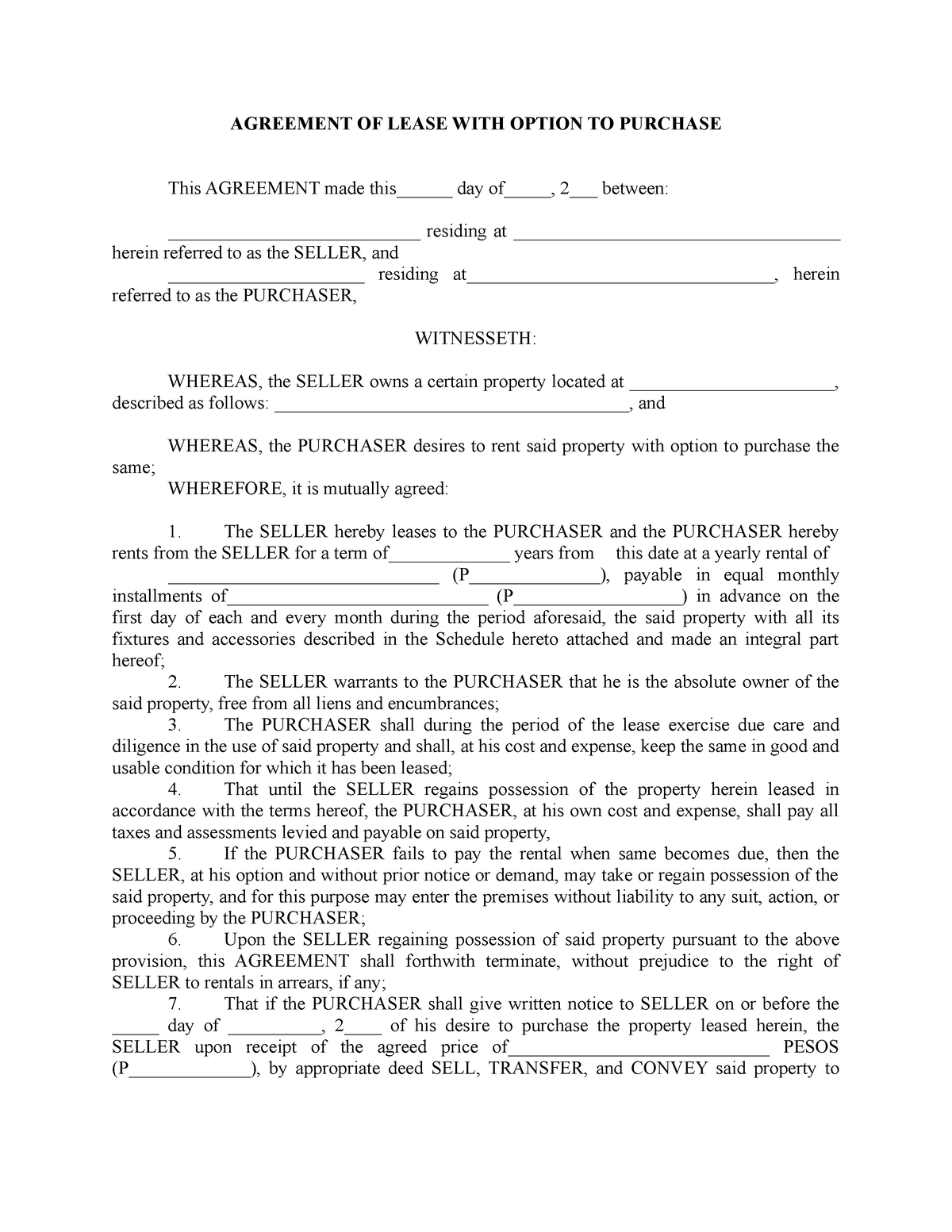 Agreement OF Lease WITH Option TO Purchase - AGREEMENT OF LEASE WITH ...