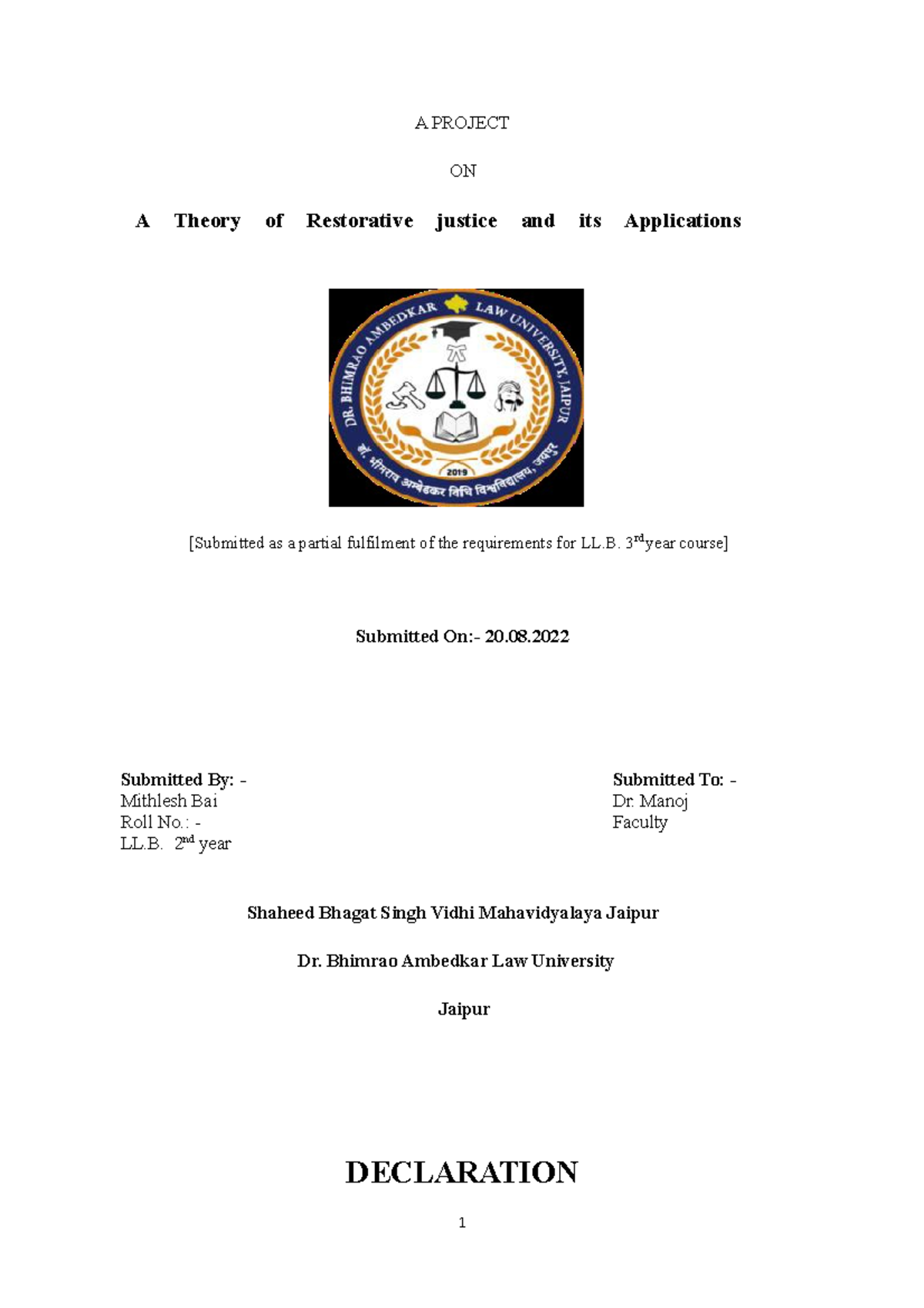 Mithlesh bai - adr project - A PROJECT ON A Theory of Restorative ...