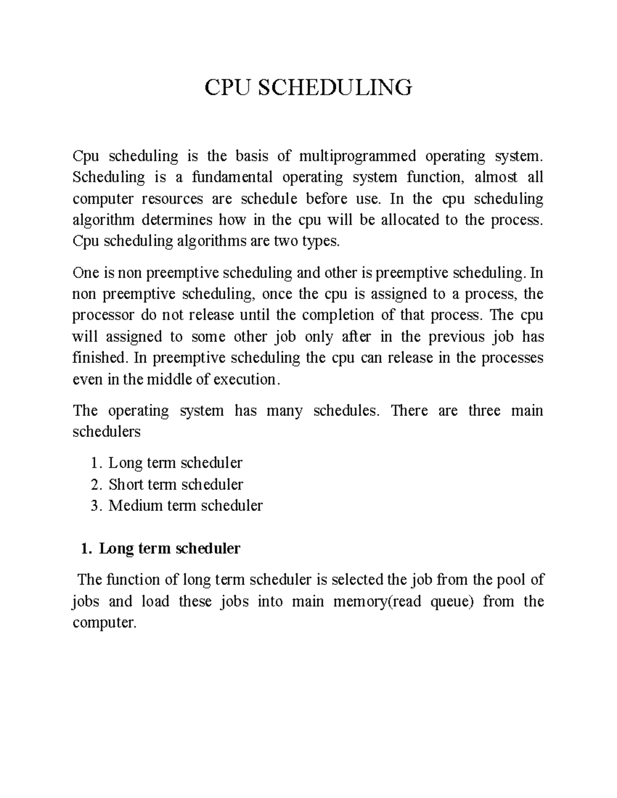 CPU Scheduling - CPU SCHEDULING Cpu scheduling is the basis of ...