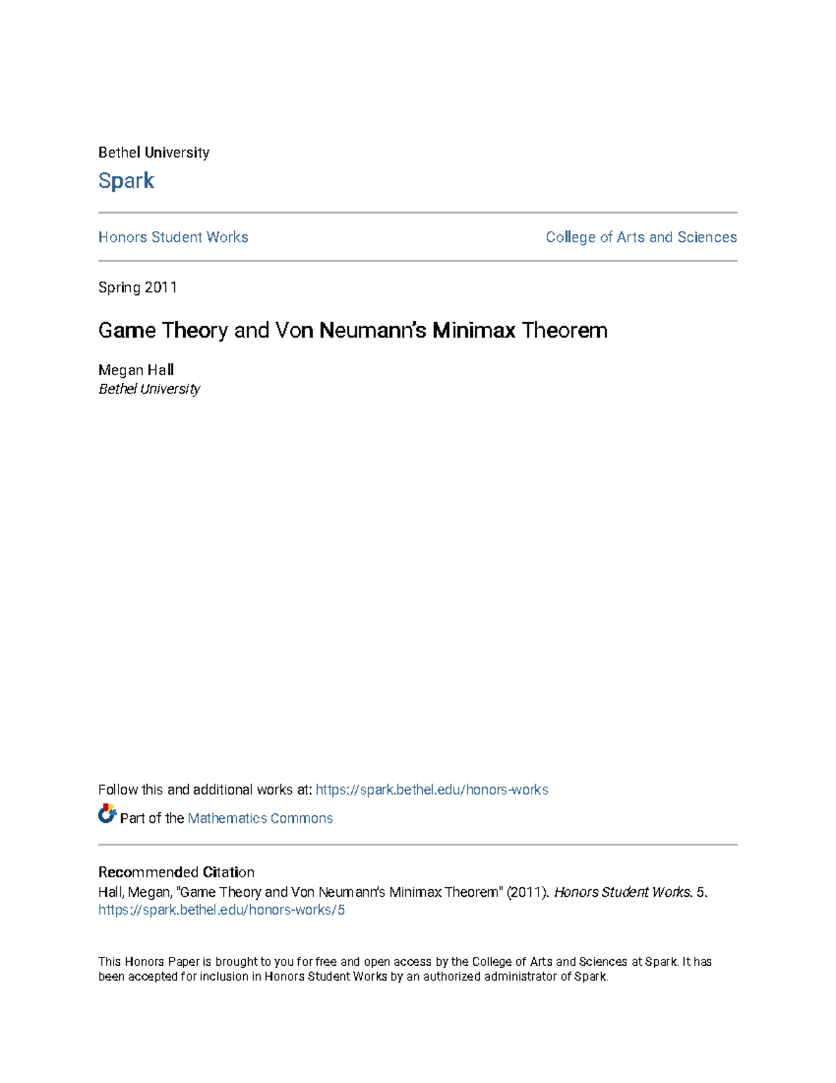 Game Theory And Von Neumann S Minimax Theorem - Bethel UniversityBethel ...