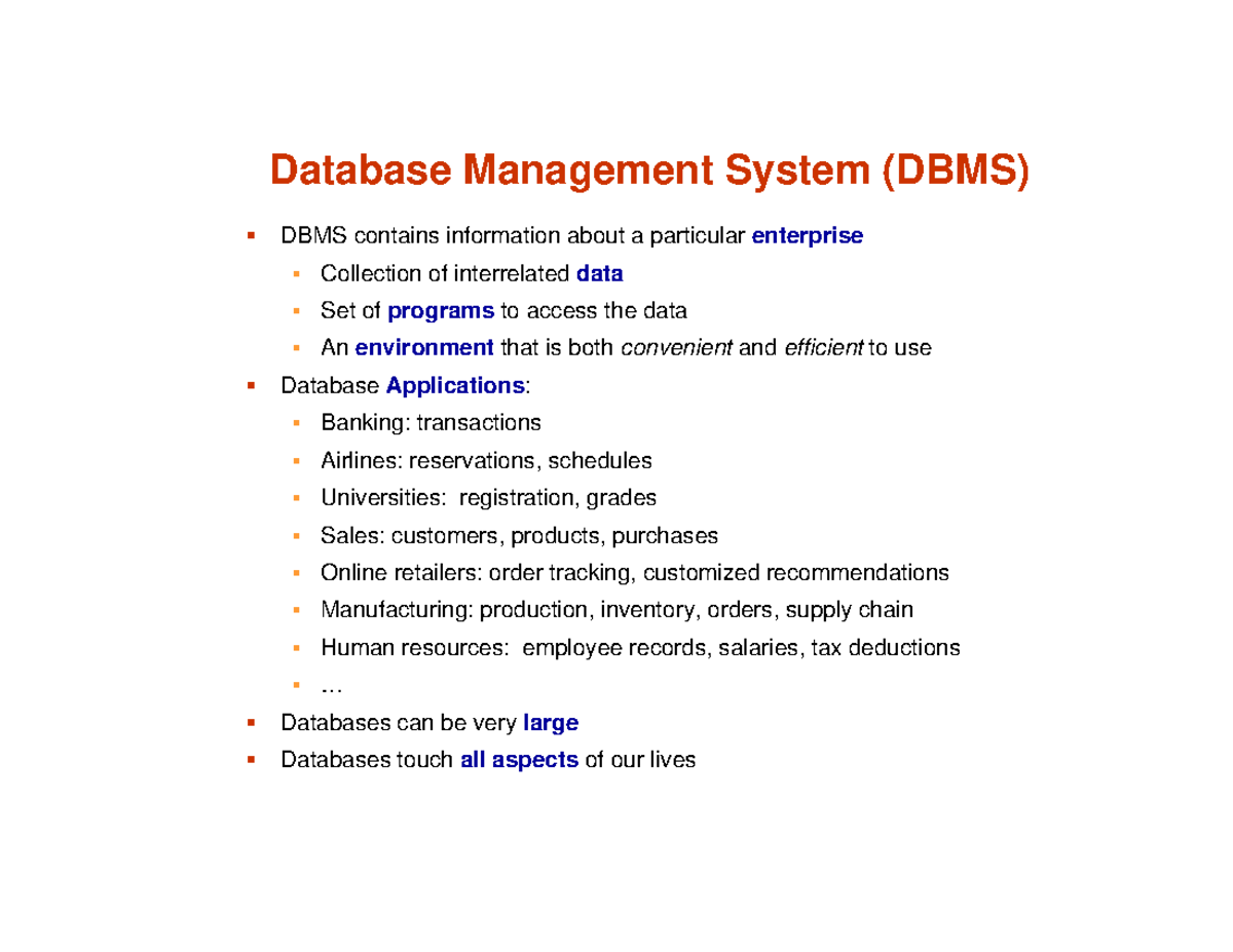 Week 1 Lecture Material - Database Management System (DBMS) DBMS ...