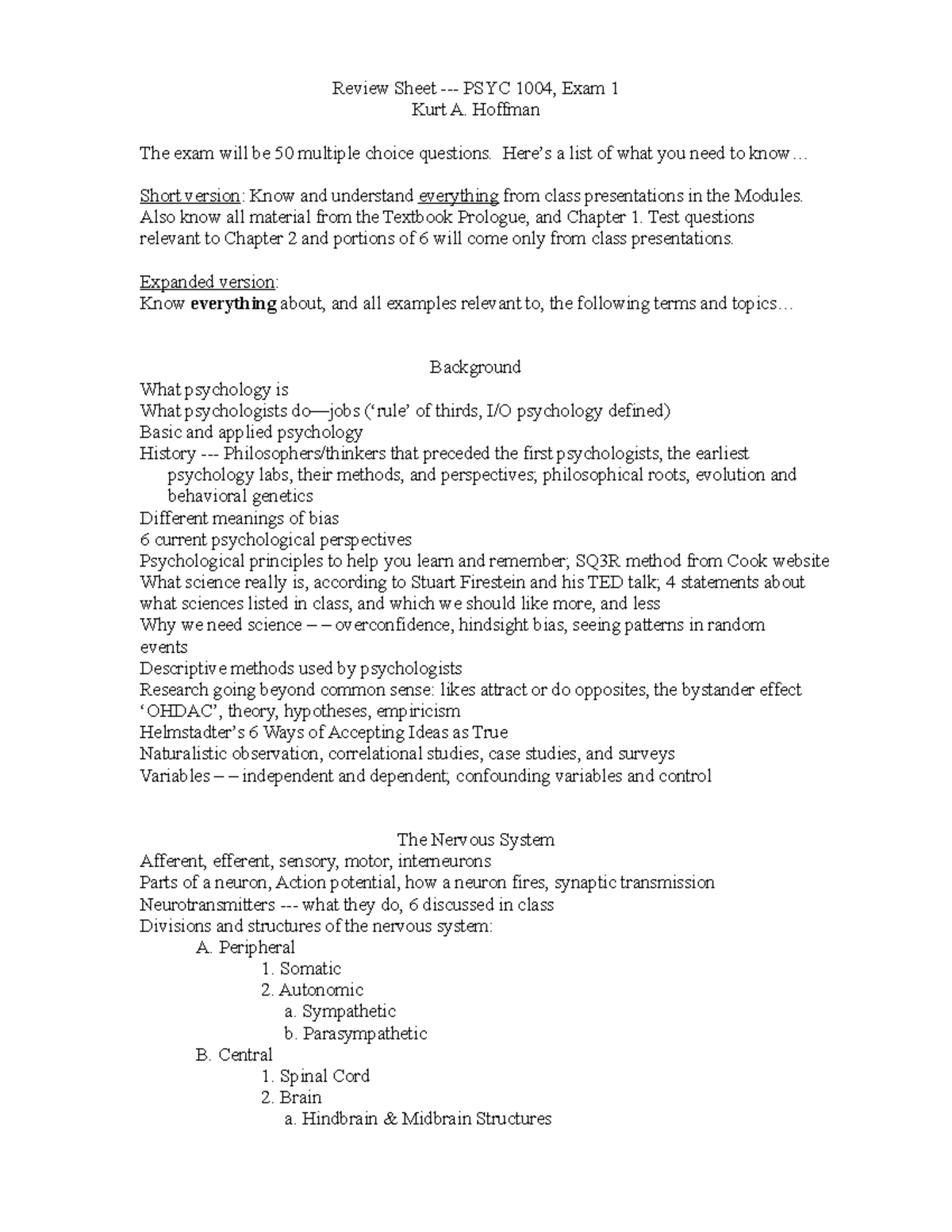Exam 1 Review Sheet 2021 Kurt Hoffman Virginia Tech - Review Sheet ...