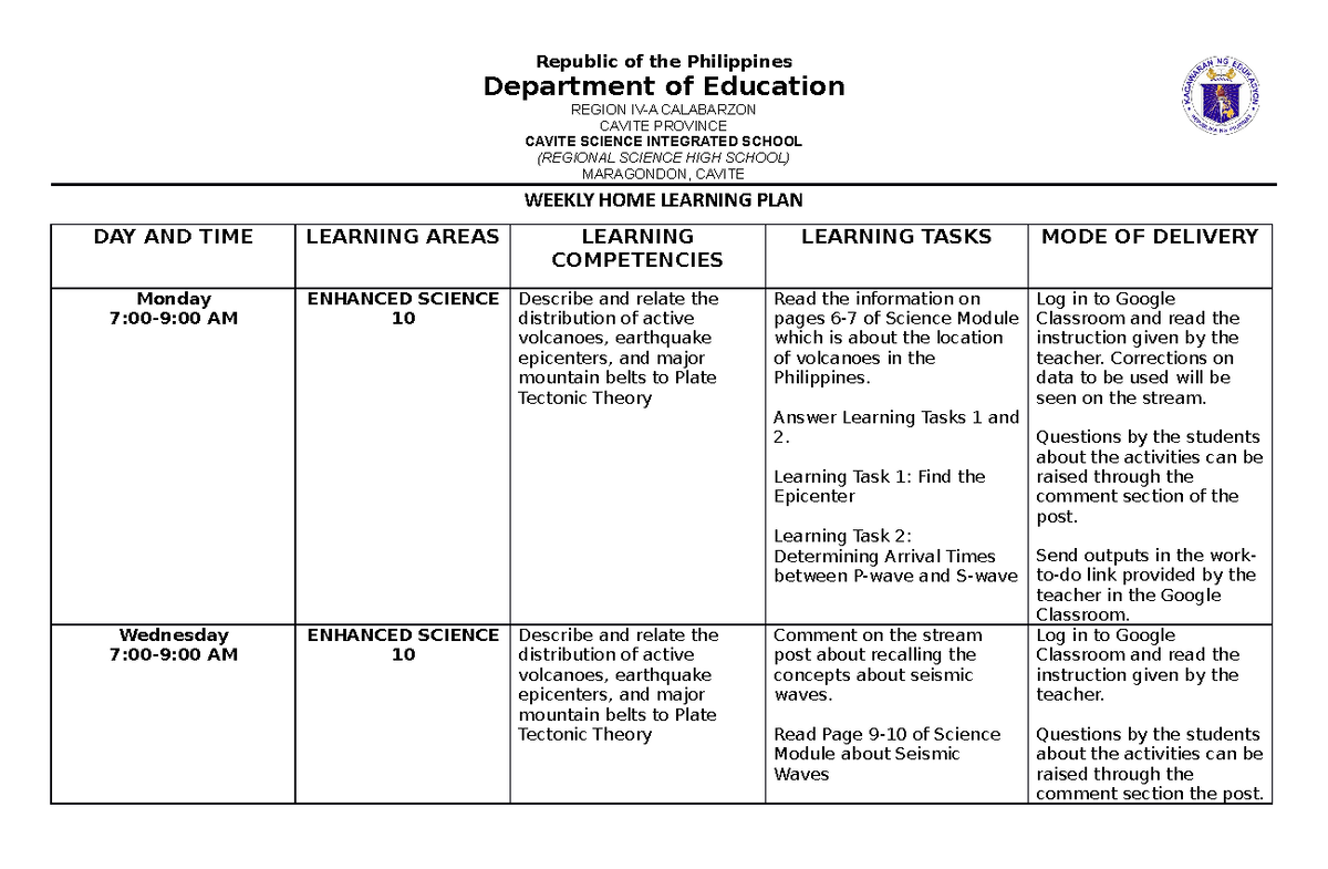 Whlp Enhanced Science 10 Week 1 Republic Of The Philippines Department Of Education Region Iv 7613